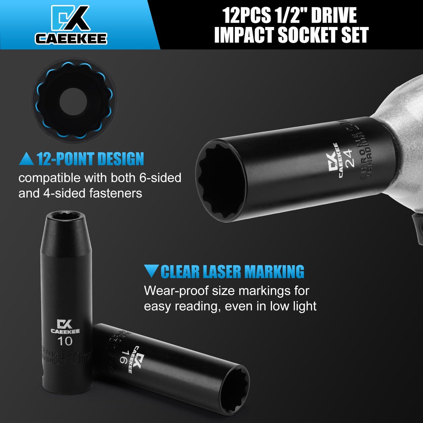 CaeeKee 12-Piece 1/2" Drive Deep Impact Socket Set, Metric (10mm - 24mm), 12-Point, Cr-V Steel, Includes Drill Socket Adapter
