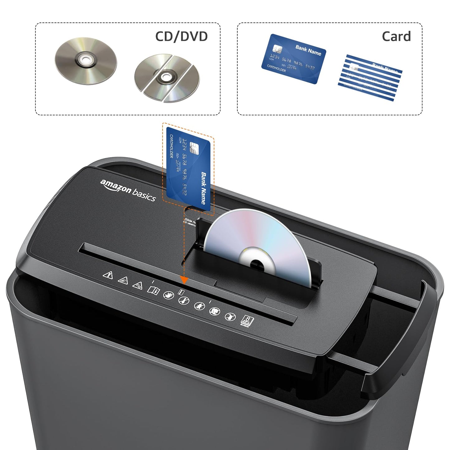 Amazon Basics 8-Sheet Strip-Cut Paper, CD, and Credit Card Shredder, Compact, No Basket
