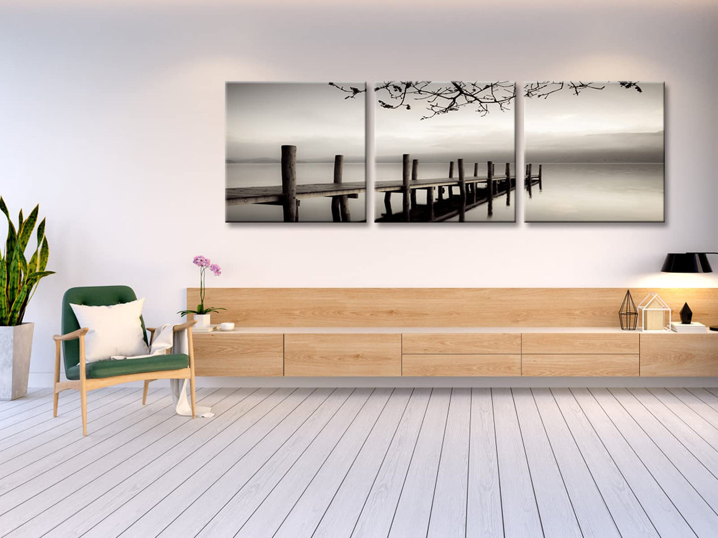 Pyradecor Peace Large Modern 3 Panels B & W Gallery Wrapped Landscape Giclee Canvas Print on Canvas Wall Art Work Ready to Hang for Living Room Kitchen Home Office Decorations AH3018-5050