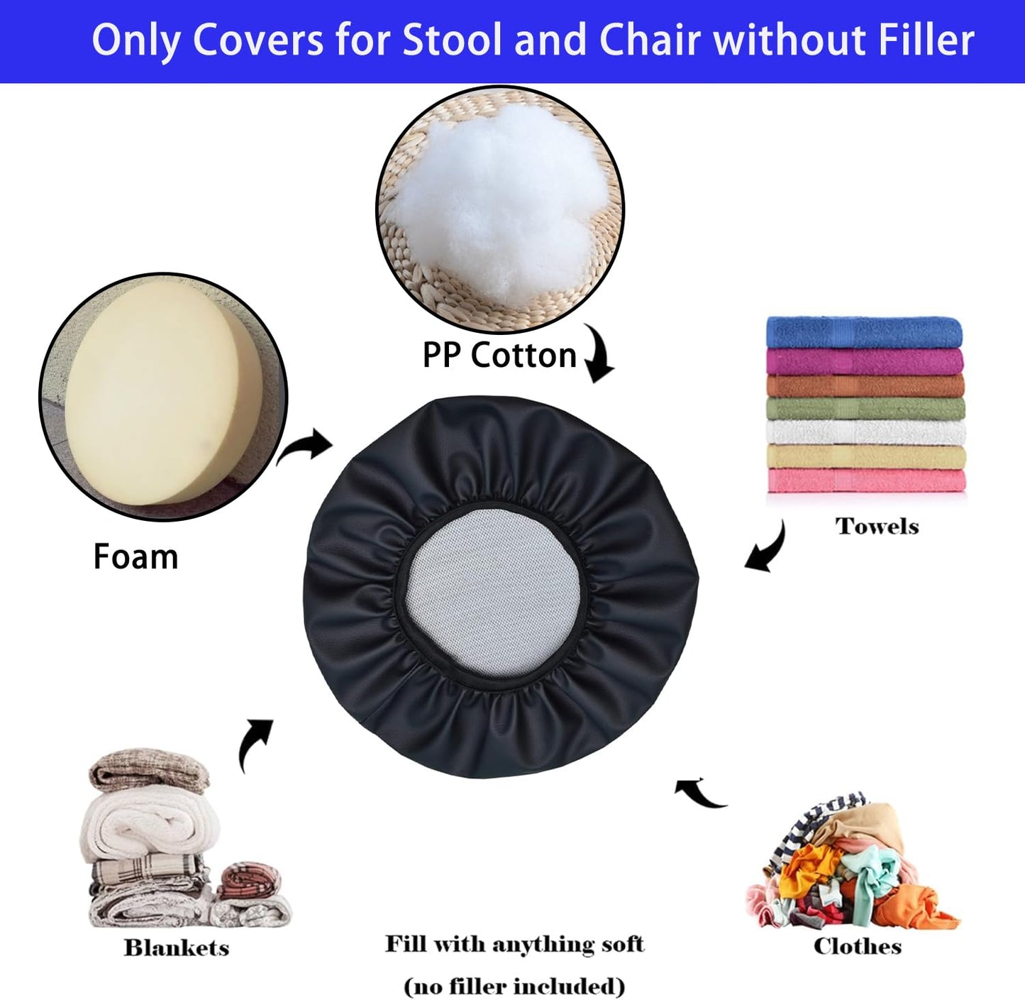 Augld 4 Pack Round Bar Stool Cover Watedrproof Faux Leather Stool Seat Cover for Bar, Chair, Salon, Spa, Tattoo, Clinic 17-18 Inch Black