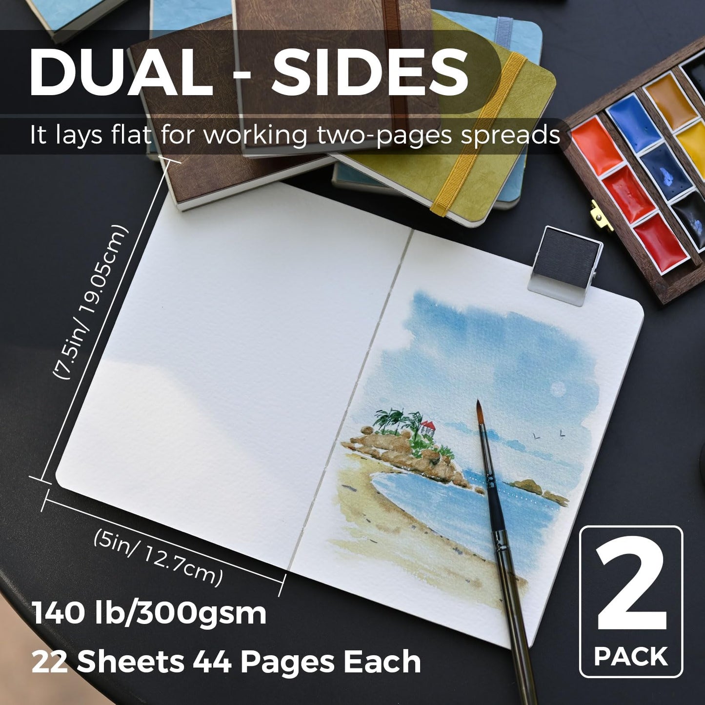 Funto Watercolor Journal, 7.5x5", 2 Packs, 44 Pages Each, Cold-pressed 100% Cotton, Pearlescent PU Leather Brown Cover, Art Supplies for Mixed Media