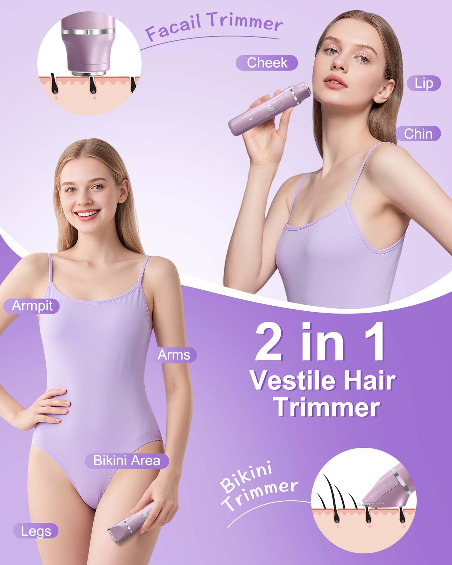 Bikini Trimmer Women,2 in 1 Painless Electric Razor and Facial Hair Remover, Body Groomer IPX7 Waterproof Wet/Dry Cordless Electric Shaver for Face Body Leg Bikini Underarm Arm（Lavender Purple）