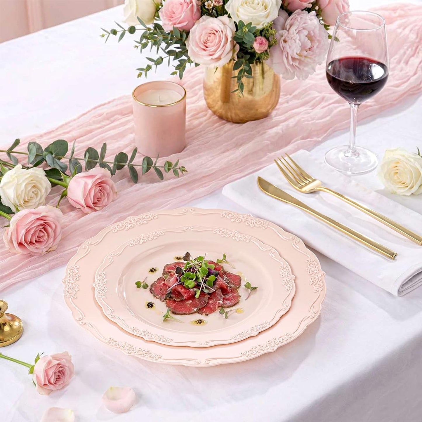 Tinybee 60PCS Pink Plastic Plates - Heavy Duty Pink Disposable Plates, Elegant Plastic Plates for Bridal Shower, Wedding and Party Including 30 Dinner Plates 10 '' & 30 Dessert Plates 7.5 ''