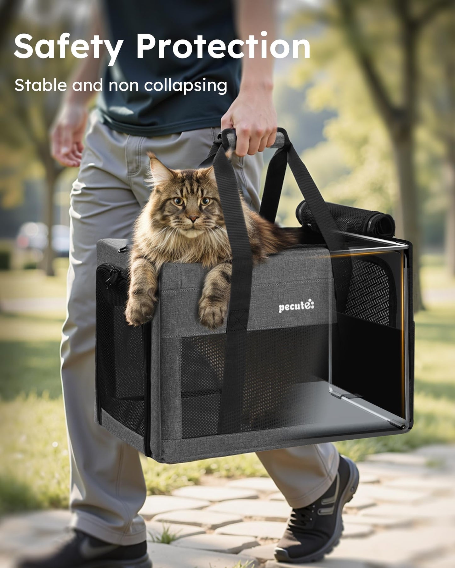 Pecute Cat Carrier 47 * 30 * 33cm, Thickened 5mm Steel Wire Frame, Stable Dog Carrier for Small Dogs, Breathable Foldable Pet Carrier with Sunshade, Suitable for Pets up to 7kg/15lbs (Gray),XL