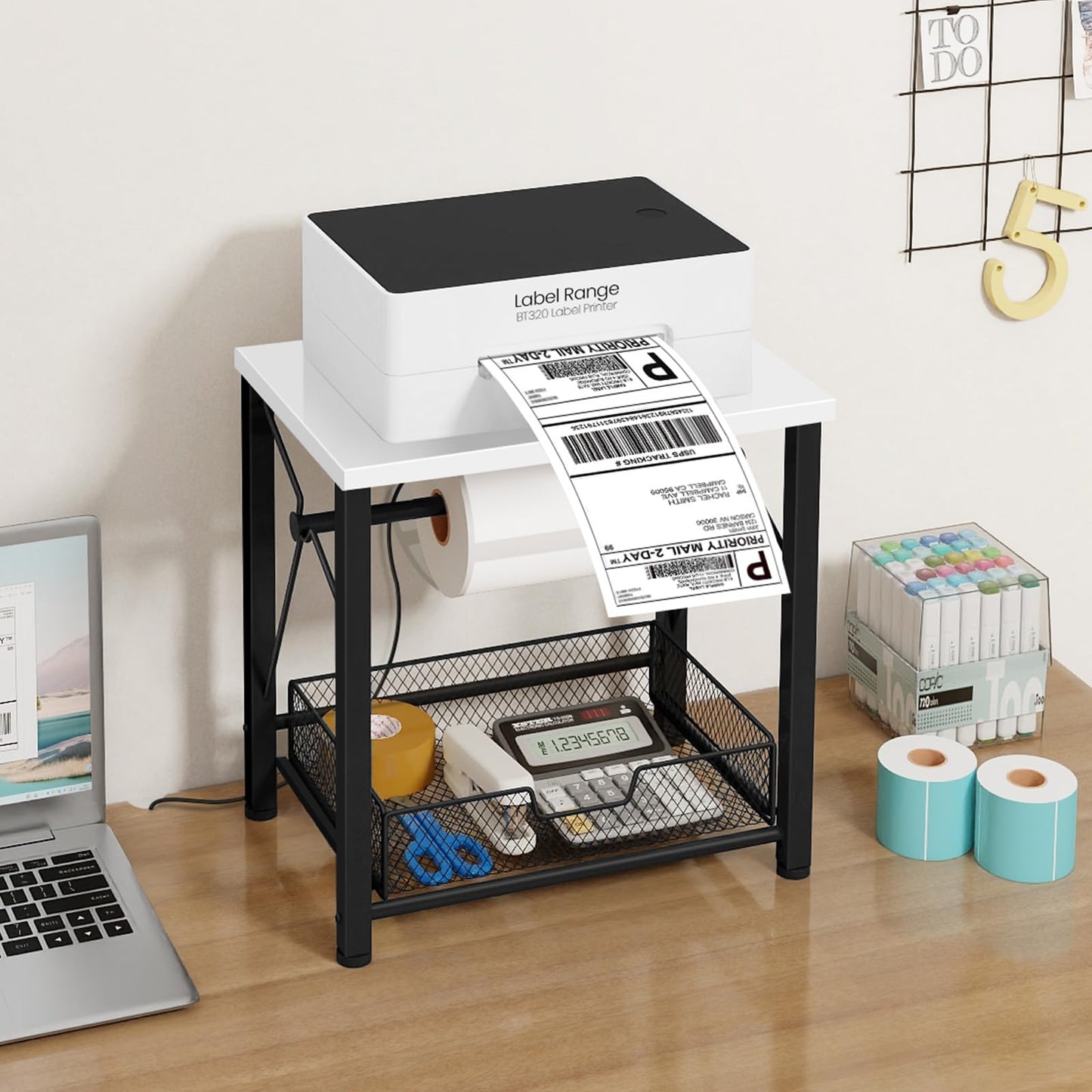 ELITEROO Label Holder for Rolls and Fanfold Labels, Wood Thermal Label Holder, Shipping Label Stand for Thermal Printer, Desktop Accessories Supplies for Home, Office, Small Business, White