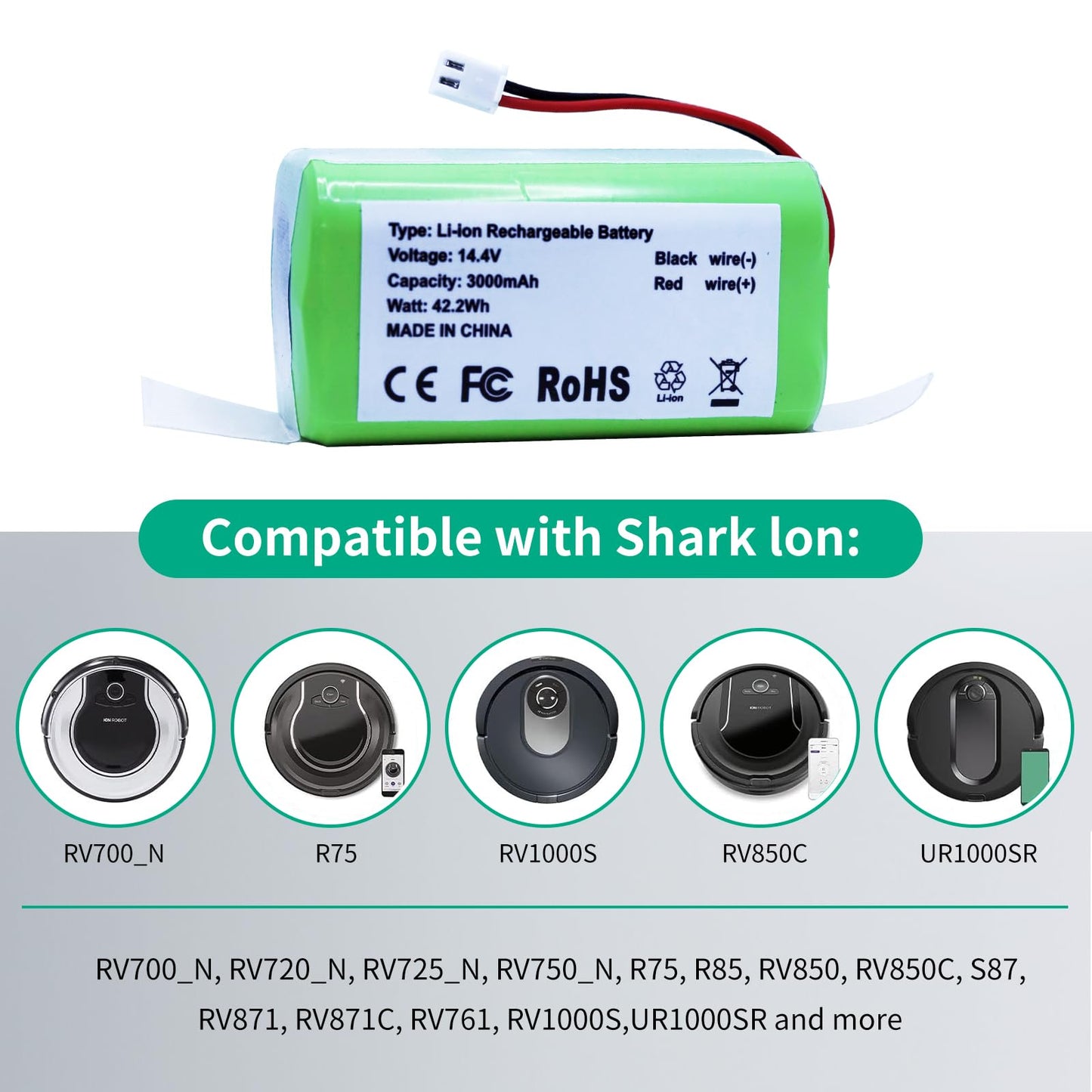 Abatinvo 14.4V 3000mAh RVBAT850 Replacement Battery for Shark Battery R75 R76 R85 S87 RV725N RV750N RV761 RV850C RV1000S RV850 RV751 RV851WV RV871 RV871C RV101AE RV2001 with 2 Prong