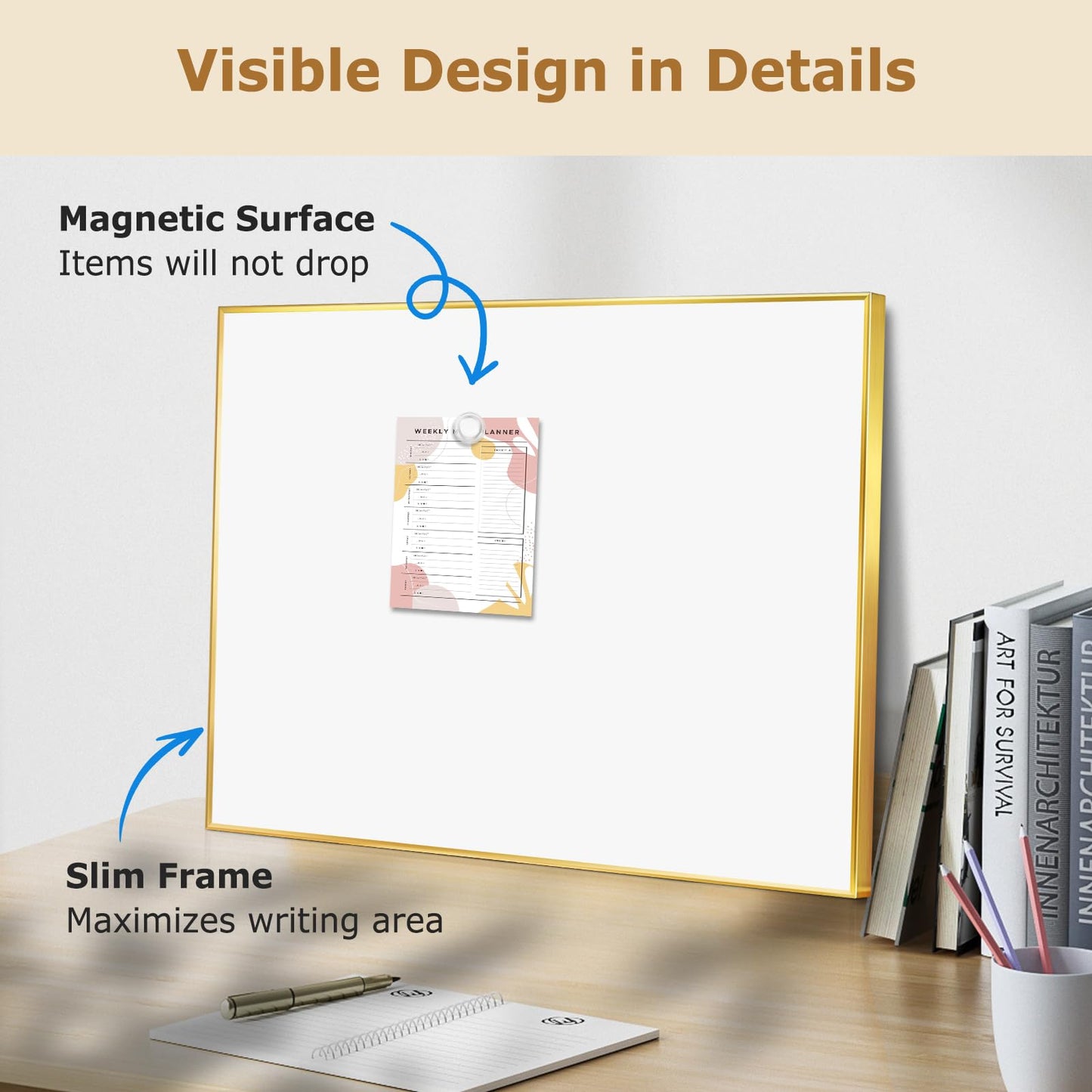 Magnetic White Board with Slim Gold Aluminum Frame 36 x 24 Inch, Large Wall-Mounted Dry Erase Board for Home & Office, Horizontal/Vertical Hanging, Includes 11 Accessories (Markers, Magnets, Eraser)
