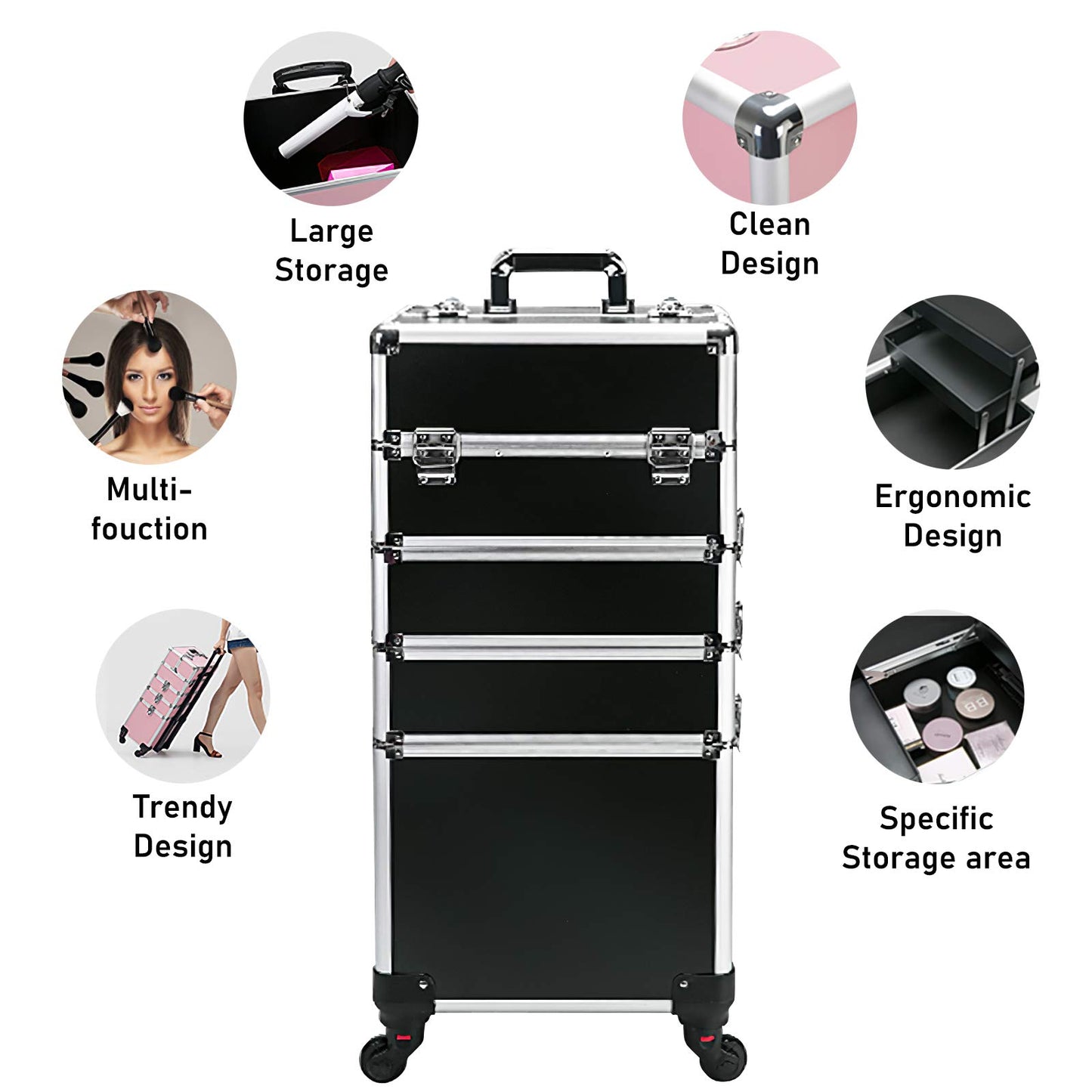 4 in 1 Rolling Makeup Case Professional Cosmetic Trolley, Aluminum Makeup Train Case with 360° Swivel Wheels, Lockable Storage Organizer for Beauty, Salon, Travel, Jewelry