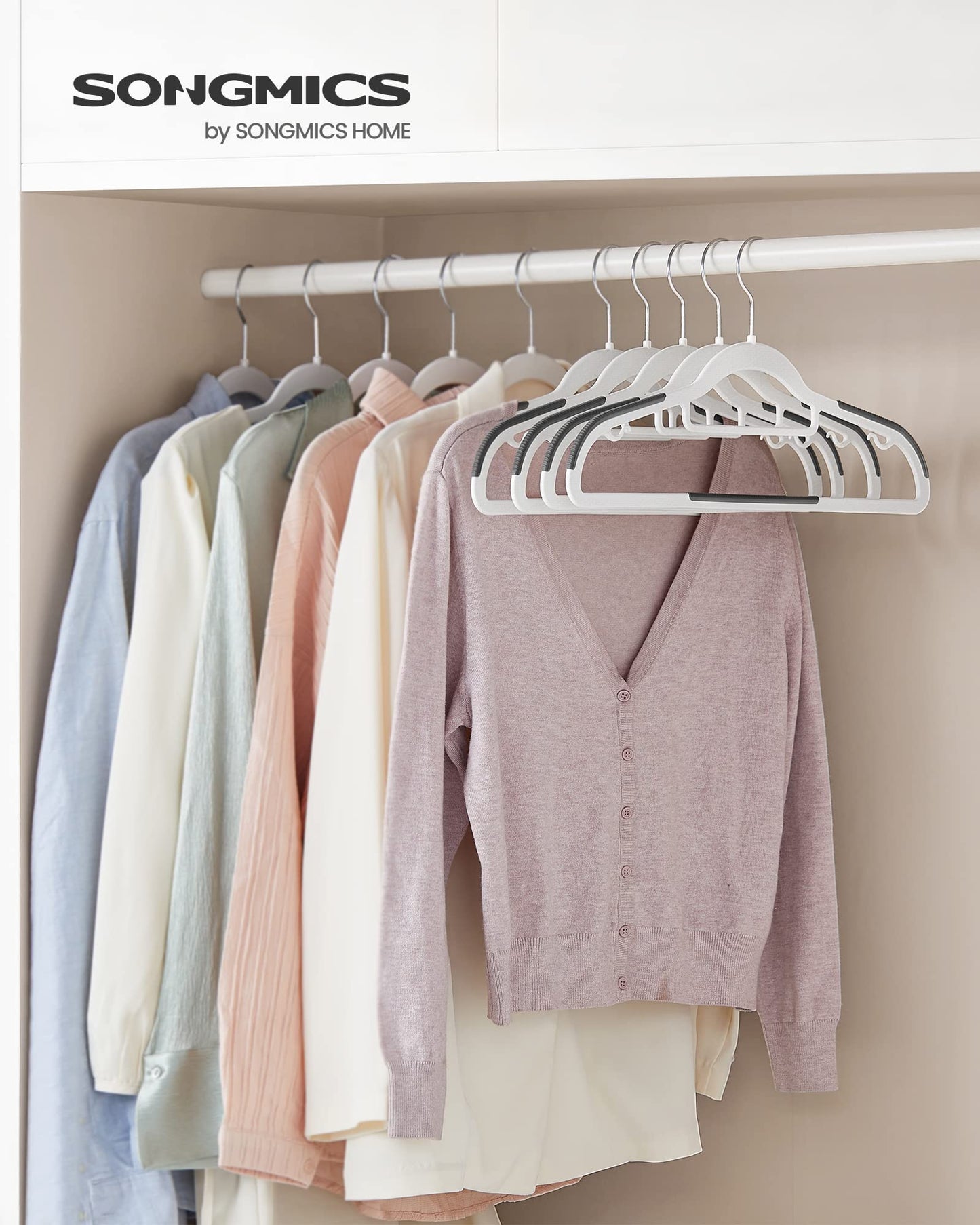 SONGMICS Pack of 50 Coat Hangers, Heavy-Duty Plastic Hangers, Clothes Hangers, White and Dark Gray UCRP020W02
