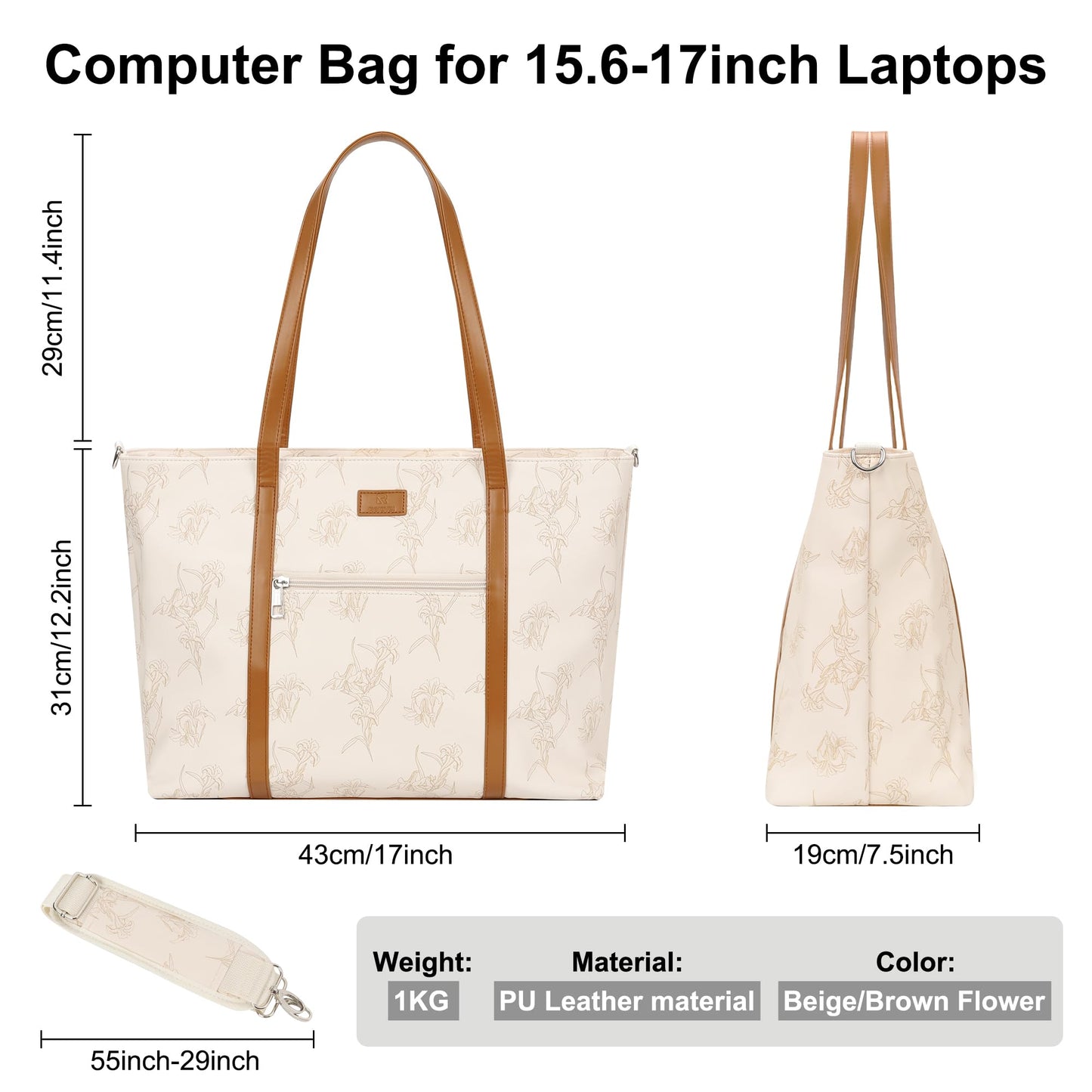 Laptop Bag for Women 17 Inch, Leather Laptop Tote Bag Waterproof Computer Bag Office Work Bag Business Briefcase with Compartment&Shoulder Straps (Beige/Brown Flower)