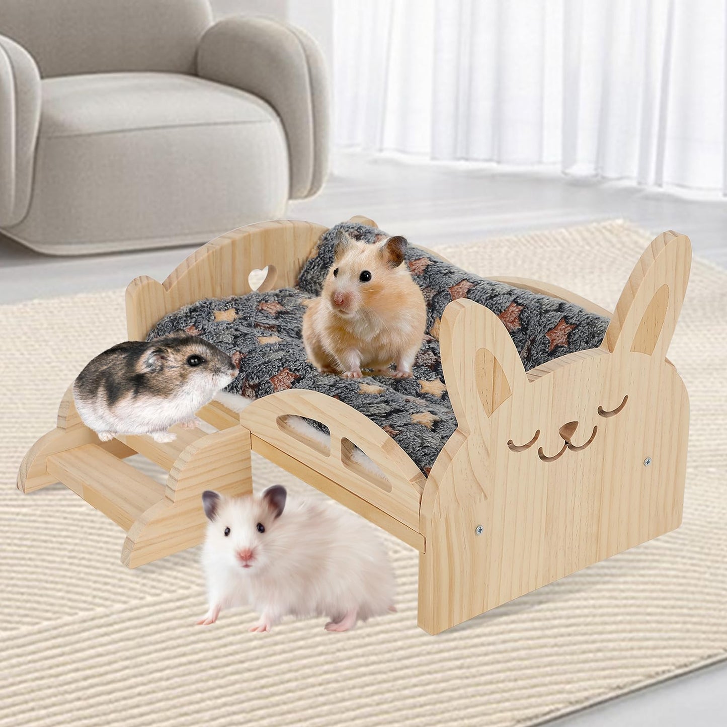 Wooden Guinea Pig Bed, Wooden Guinea Pig Hammock with Rabbit Bed, Hamster Bed with Ladder, Small Pet Habitats, for Guinea Pigs Ferrets Small Rabbits (B)