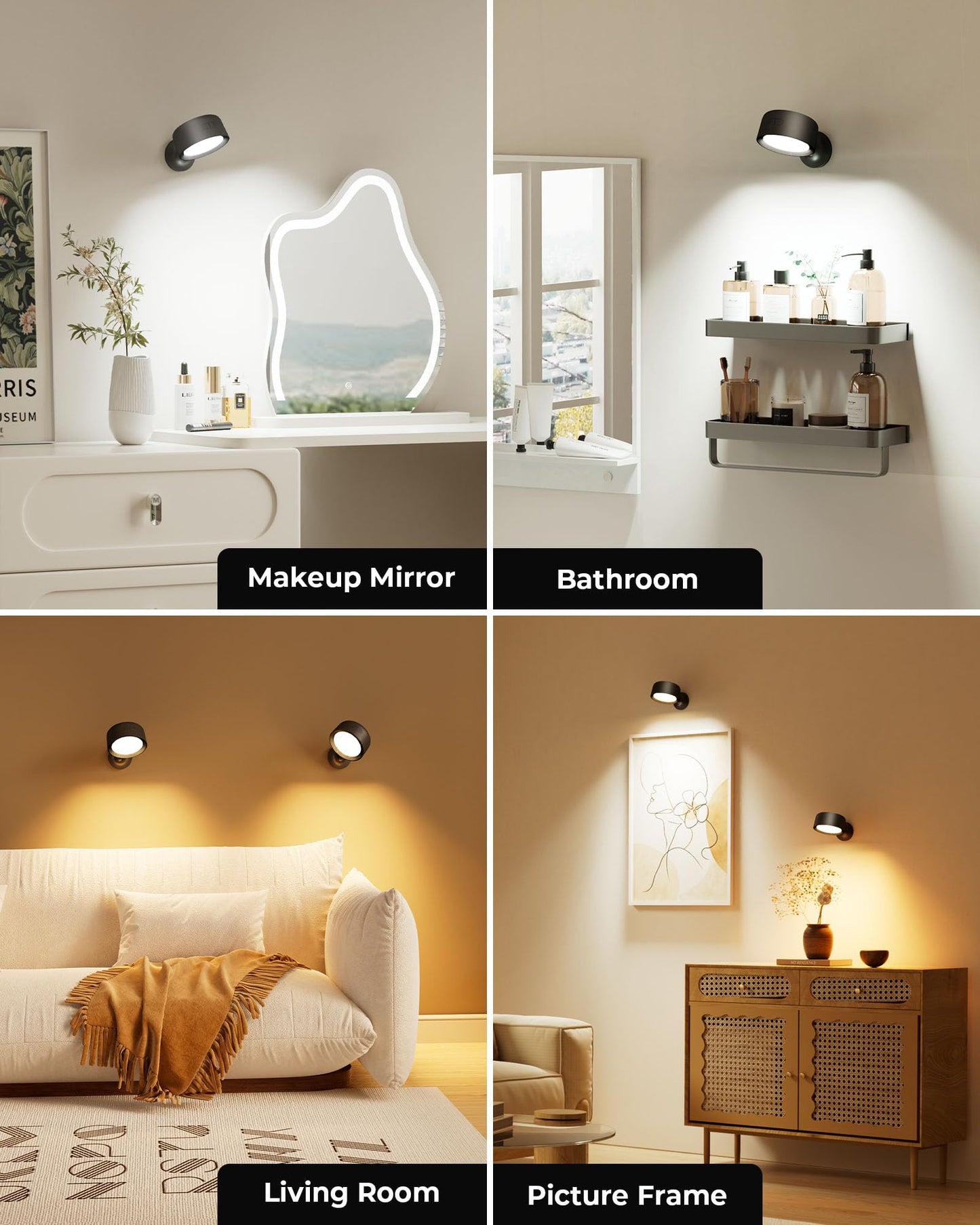 FULEN Wall Light, 2 Pack Led Wall Sconces 18 Colors, 4 Brightness Levels, 8000mAh Rechargeable Battery,Touch and Remote Control, 360 ° Rotate, Wall Lamp Indoor for Bedroom, Living Room, Stairs, Black