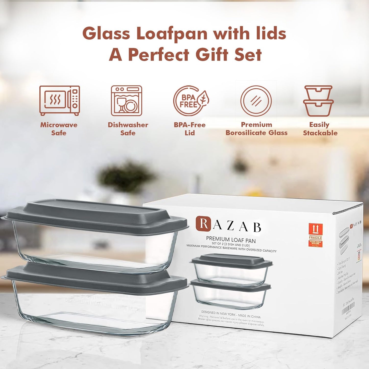 Razab 7.6 Cups / 1800ml / 1.9 Qt Large Glass Loaf Pan with Lids (Set of 2) - BPA-Free Meatloaf Pan with Easy-Grip Handle - 10 x 5 in Bread Baking Pan, Microwave & Oven Safe