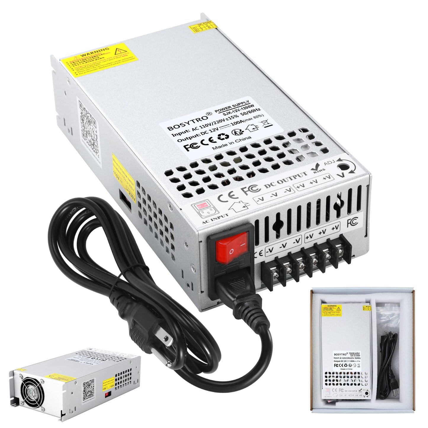 BOSYTRO Upgrade 12V Power Supply, 110v to 12v Converter, 1200W 100A Transformer, with Power Cord and Safety Switch, AC to DC Converter for 3D Printer, Led Strip, Motor Pump, CCTV