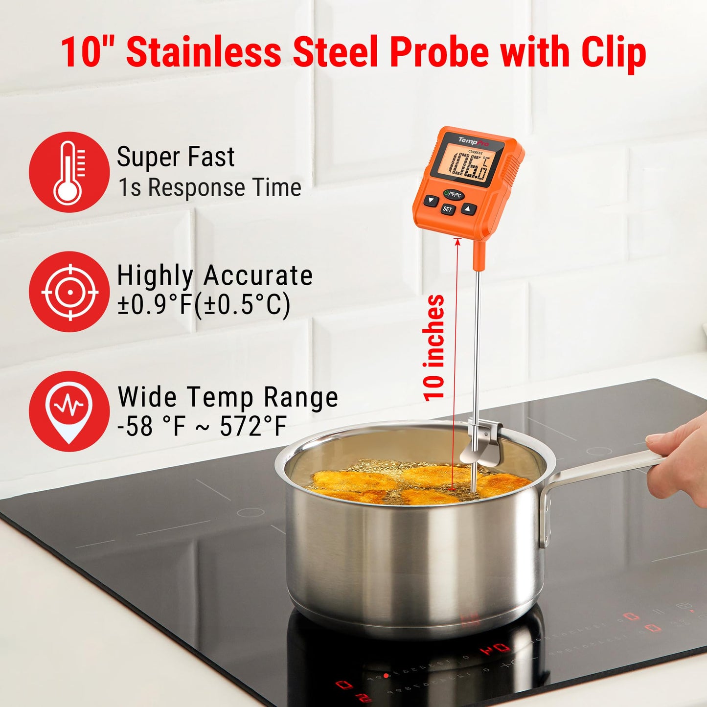 TempPro TP511 Digital Candy Thermometer with Pot Clip, Programmable Instant Read Food Meat Thermometer with 10'' Long Probe for Baking Grilling Candle Oil Deep Fry Thermometer(Previously ThermoPro)