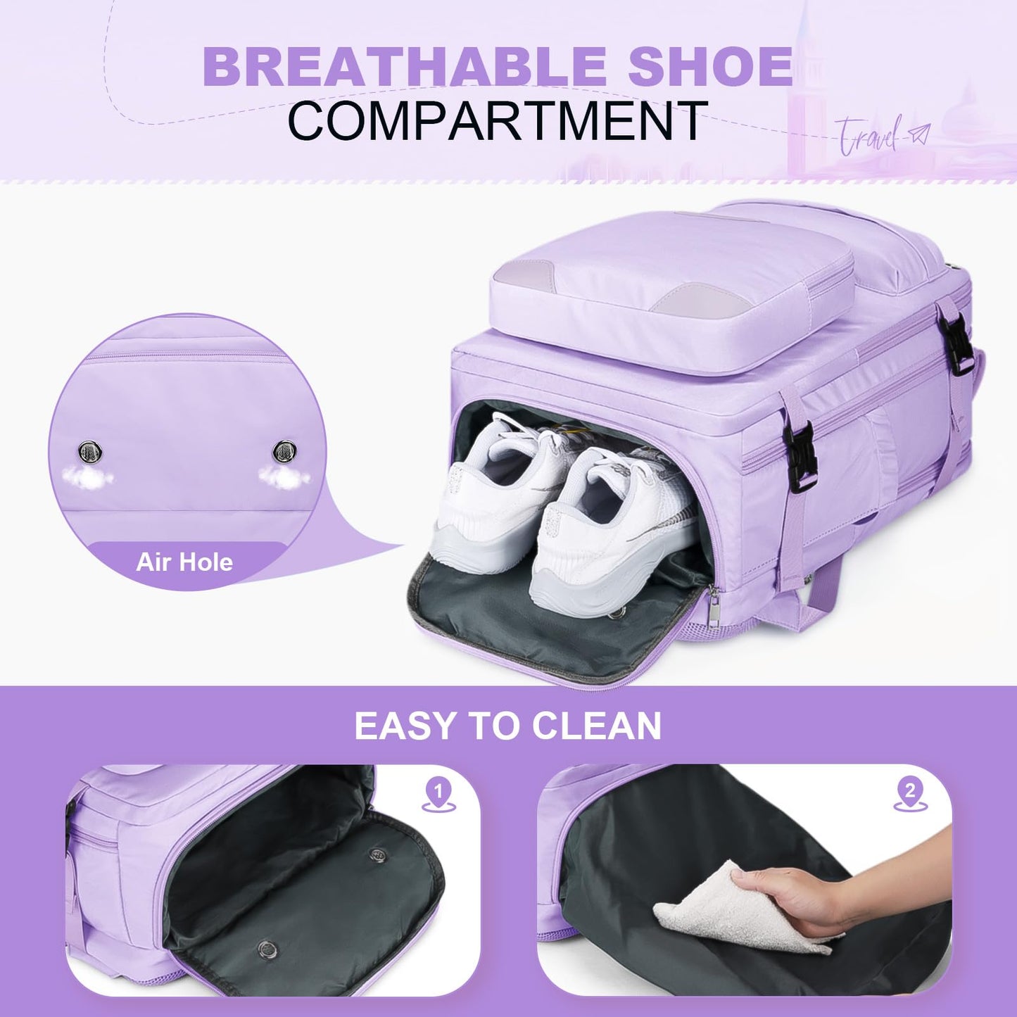 Maelstrom Travel Backpack for Women Men, 25/35L Laptop, Carry On Backpack with Crossbody, Shoe & Toiletry Bag (Purple, 17.3inch)