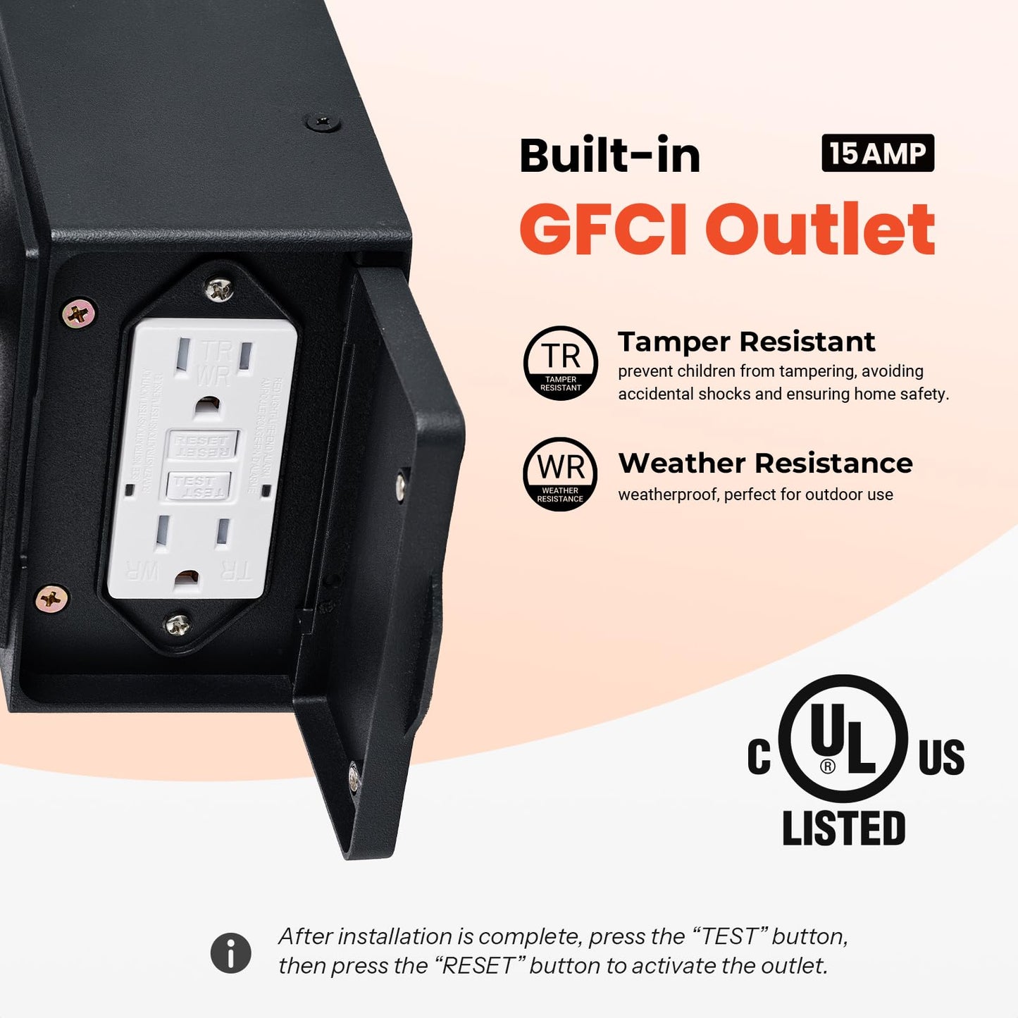 Gleamz Dusk to Dawn Outdoor Porch Light with GFCI Outlet, Modern Black Exterior Lighting Fixtures Wall Mount for House, Anti-Rust Outdoor Wall Sconce Lantern for Garage Coach with Water-Ripple Glass