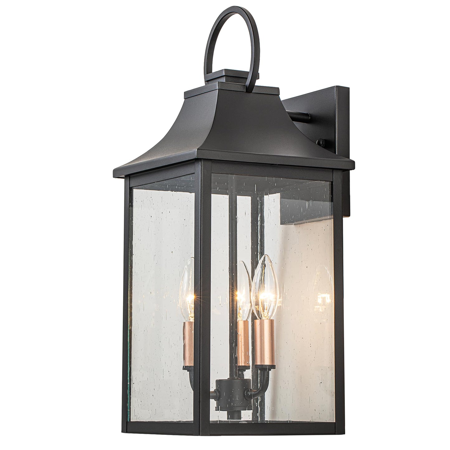 OUPAVOCS Outdoor Wall Lights Fixture for House, Large Porch Light Wall Mount, 18” Black Exterior Wall Sconce with Rose Gold 3-Light Candelabra Interior, Outside Patio Lighting for Front Porch, Garage