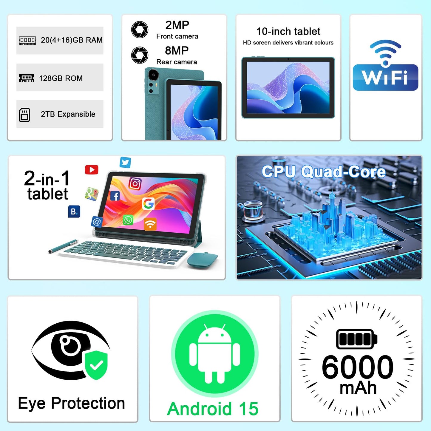 Android 15 Tablet, 10 Inch 18GB RAM+128GB ROM/2TB Expandable Tablets PC, 2 in 1 Tablets with Keyboard, Mouse, Case, Stylus, Quad-core 2.0GHz CPU 1280*800 HD Screen, 5G WiFi6 BT 5.0, 8MP Camera Tableta