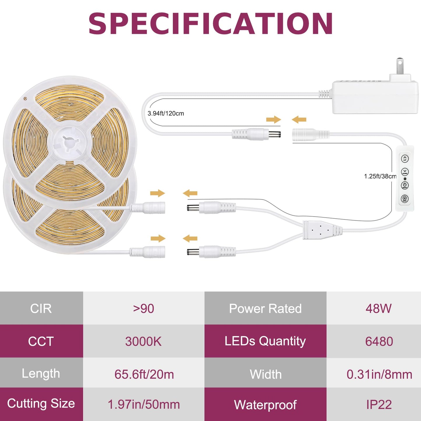 20M COB LED Strip Light with Remote, 3000K Dimmable Bright Warm White Led Lights Strip, Flexible DC24V Led Tape Light for Bedroom, Kitchen, DIY Lighting (2 Rolls of 10M)