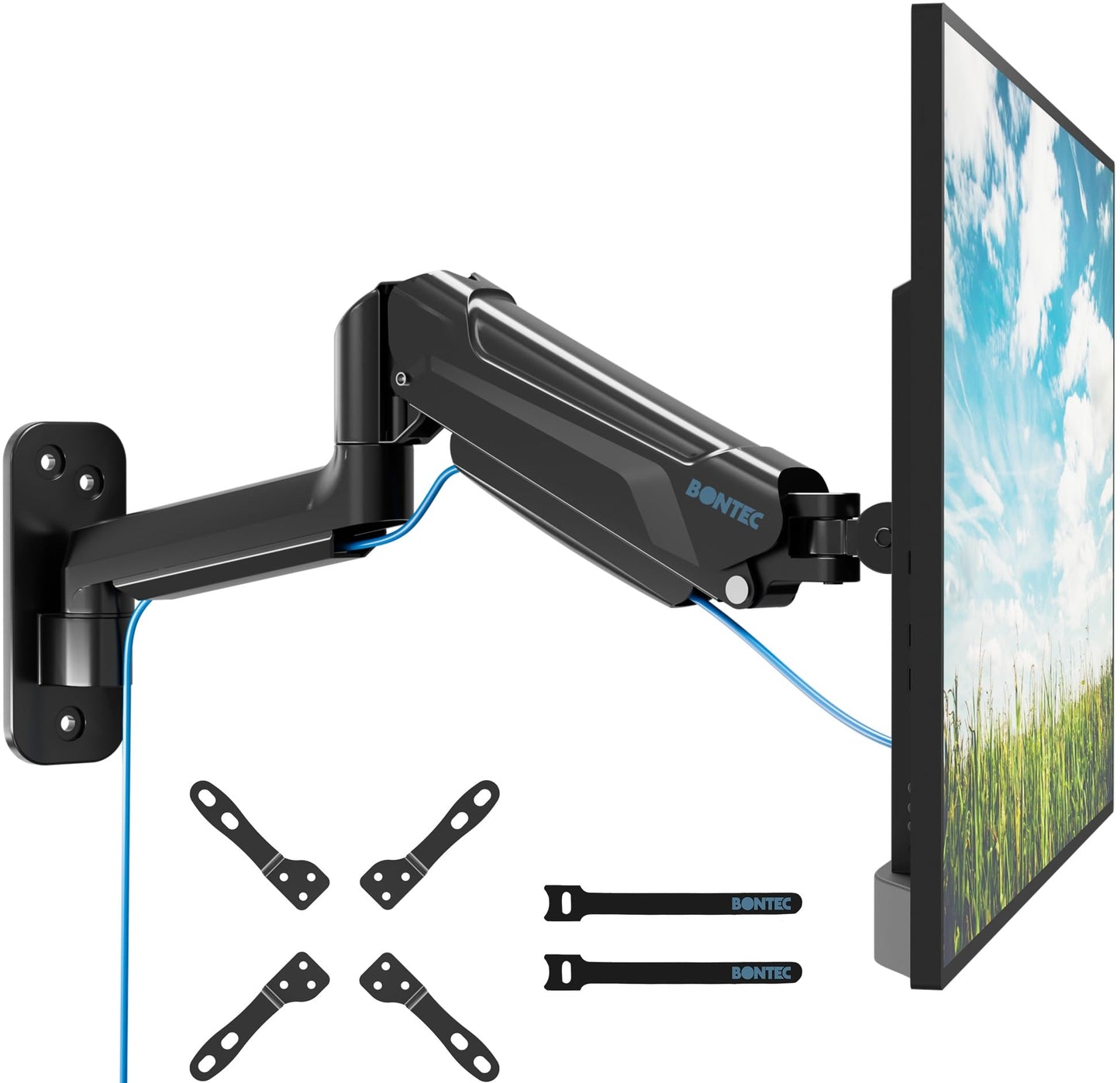BONTEC Monitor Wall Mount for 13-42 Inch Screens Up to 19.8lbs, Single VESA Mount with Gas Spring Adjustable Tilt Swivel Rotation Arm, Full Motion Wall Bracket with Cable Management Fits 75/100/200