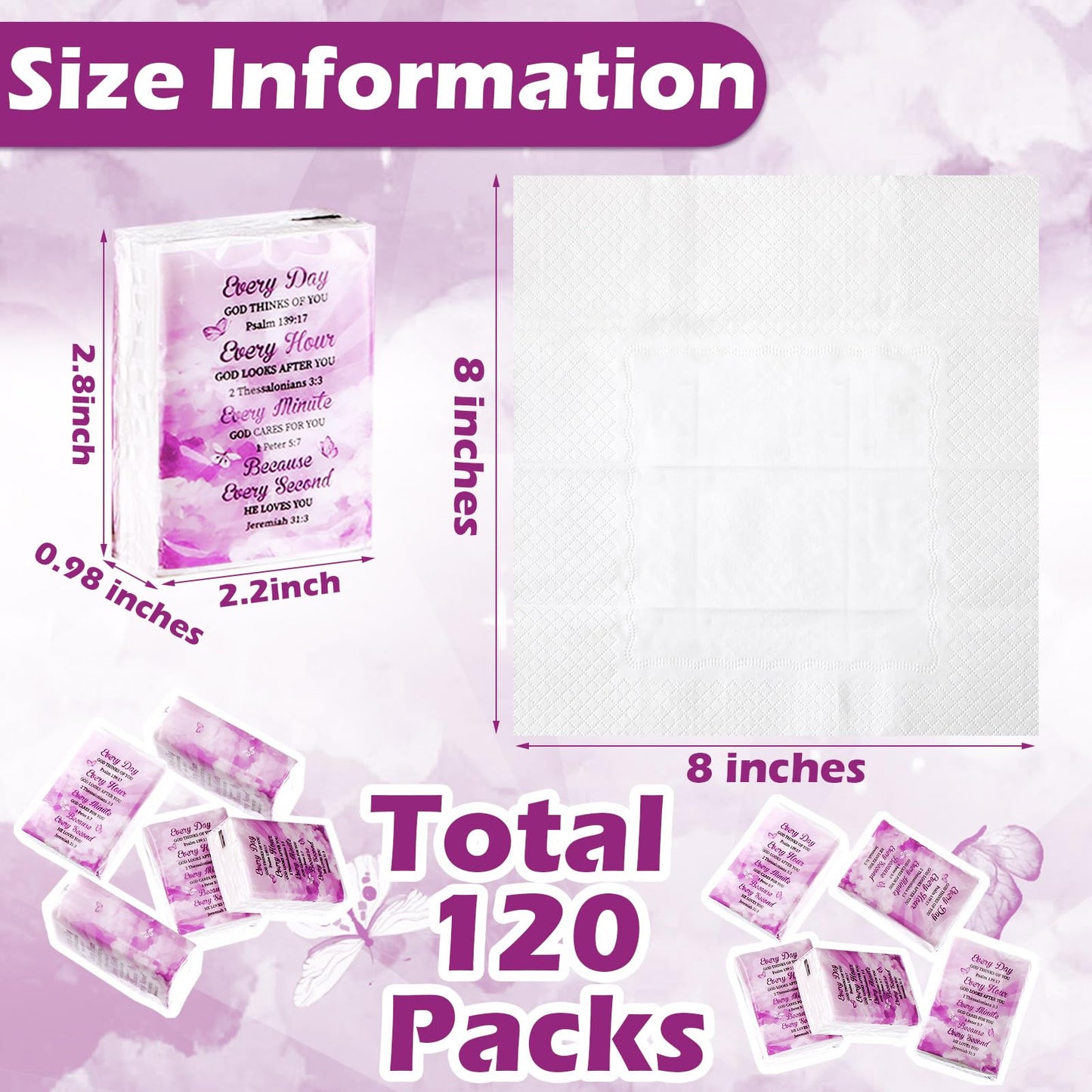 Yinder 120 Pack Christian Pocket Tissues Bulk Mothers Day Gifts for Church 3 Ply Bible Verse Travel Size Mini Facial Tissues Pocket Inspirational Religious Party Favor for Wedding Mothers Day Gift