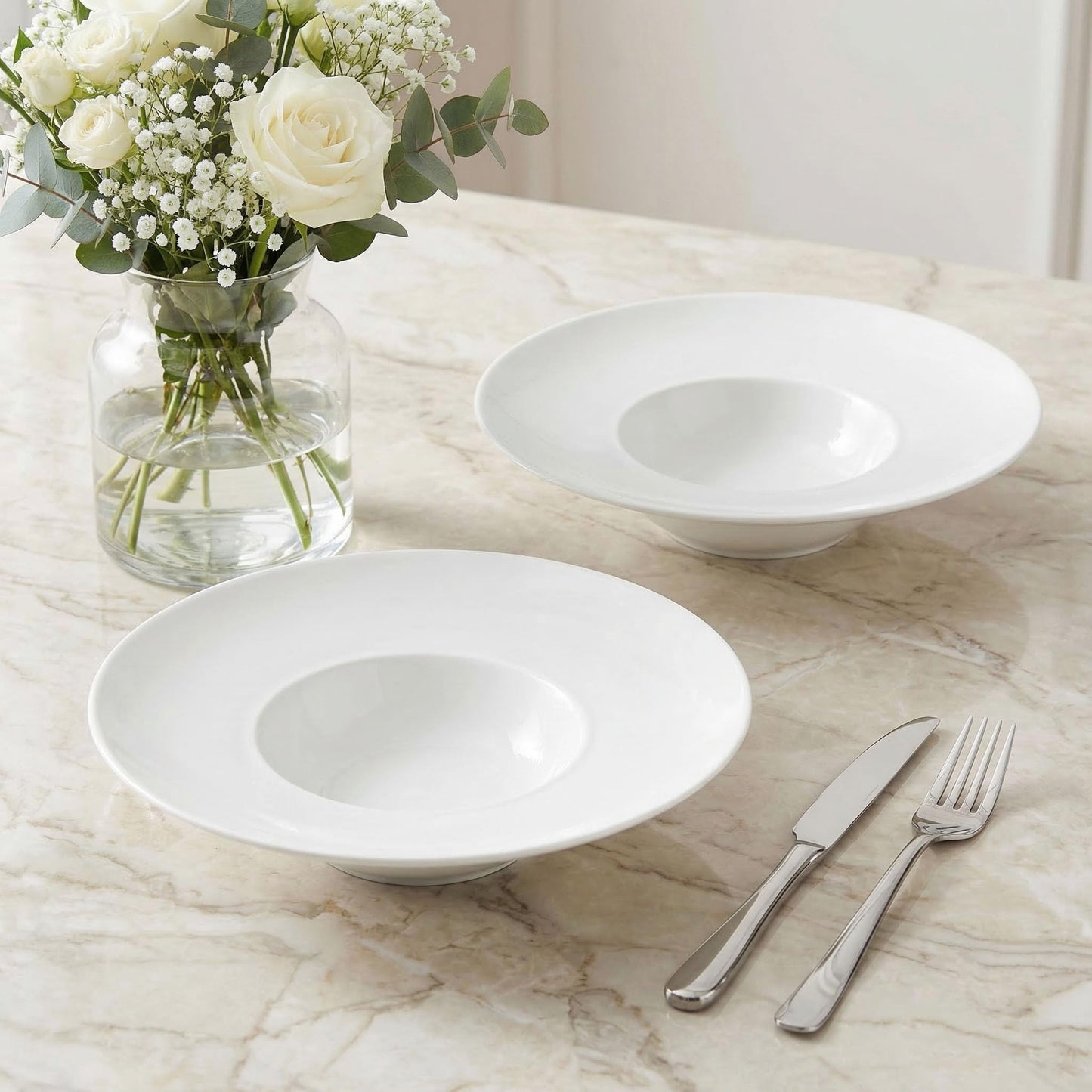 jinsongdafa Soup Bowl, Soup Plate with Rim 5.1 oz, Pasta Bowl Set of 4, White Shallow Bowl Plate, Ceramic Wide Rimmed Soup Bowl, Best choice for high-end restaurants, hotels, and foodies, 8.5 Inch