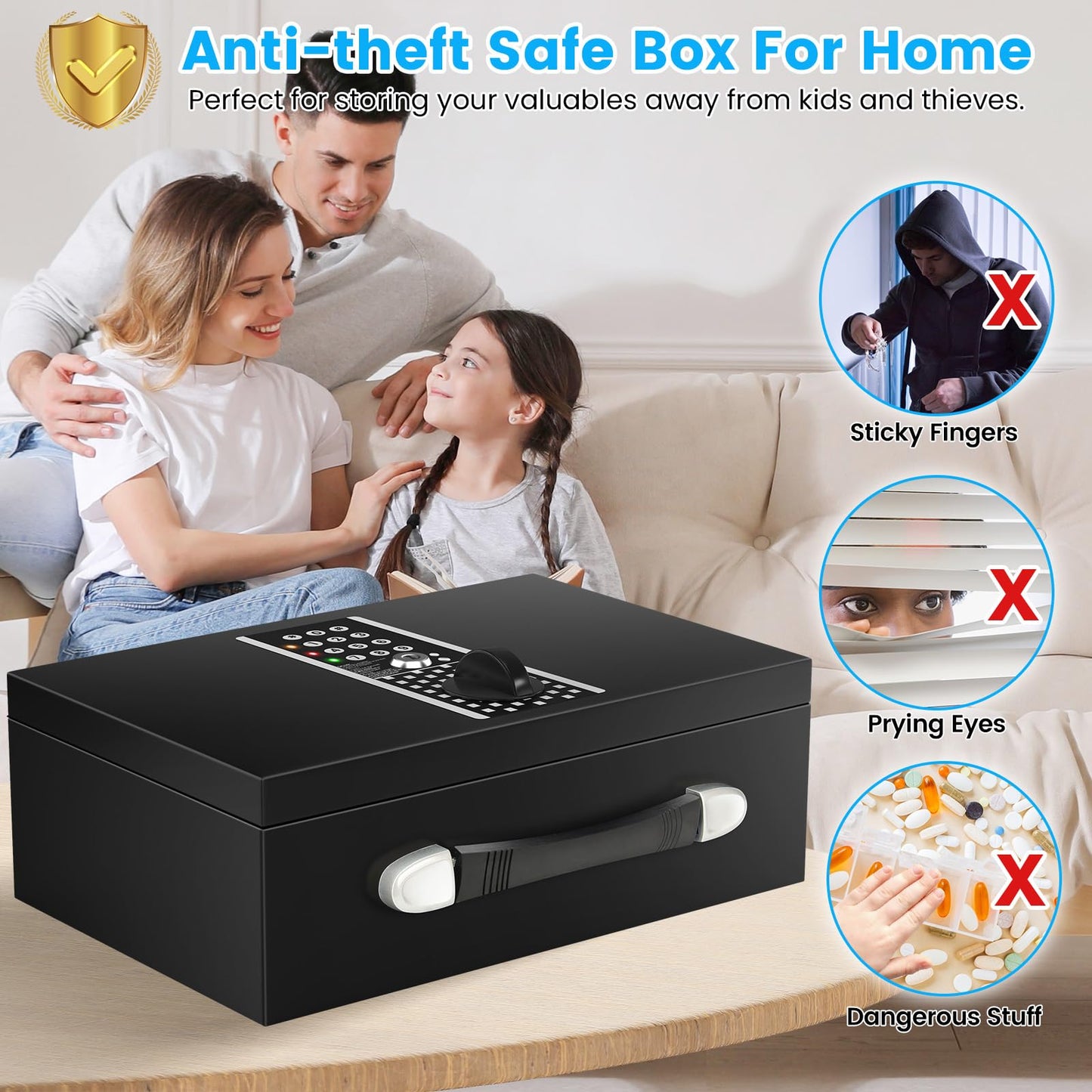 GUVELI Portable Safe Box for Home with Alarm and Silent Modes, Digital Home Safes Money Safe Box with Hand Grip, Lock Box Storage Fireproof Document Box for Money Medicine Jewelry A4 Document