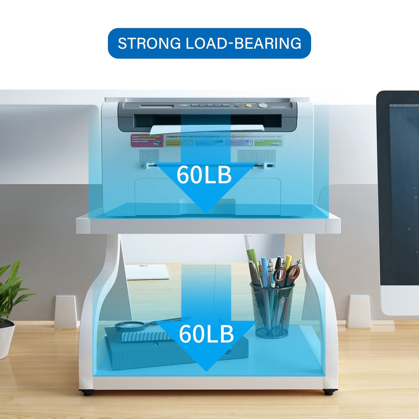 PUNCIA 2 Tier Wood Printer Stand with Storage Heavy Duty Desktop Shelf - Modern Minimalist Style Fits Laser Printers Copiers Fax Machines, Organizer for Home Office Dorm Small Spaces
