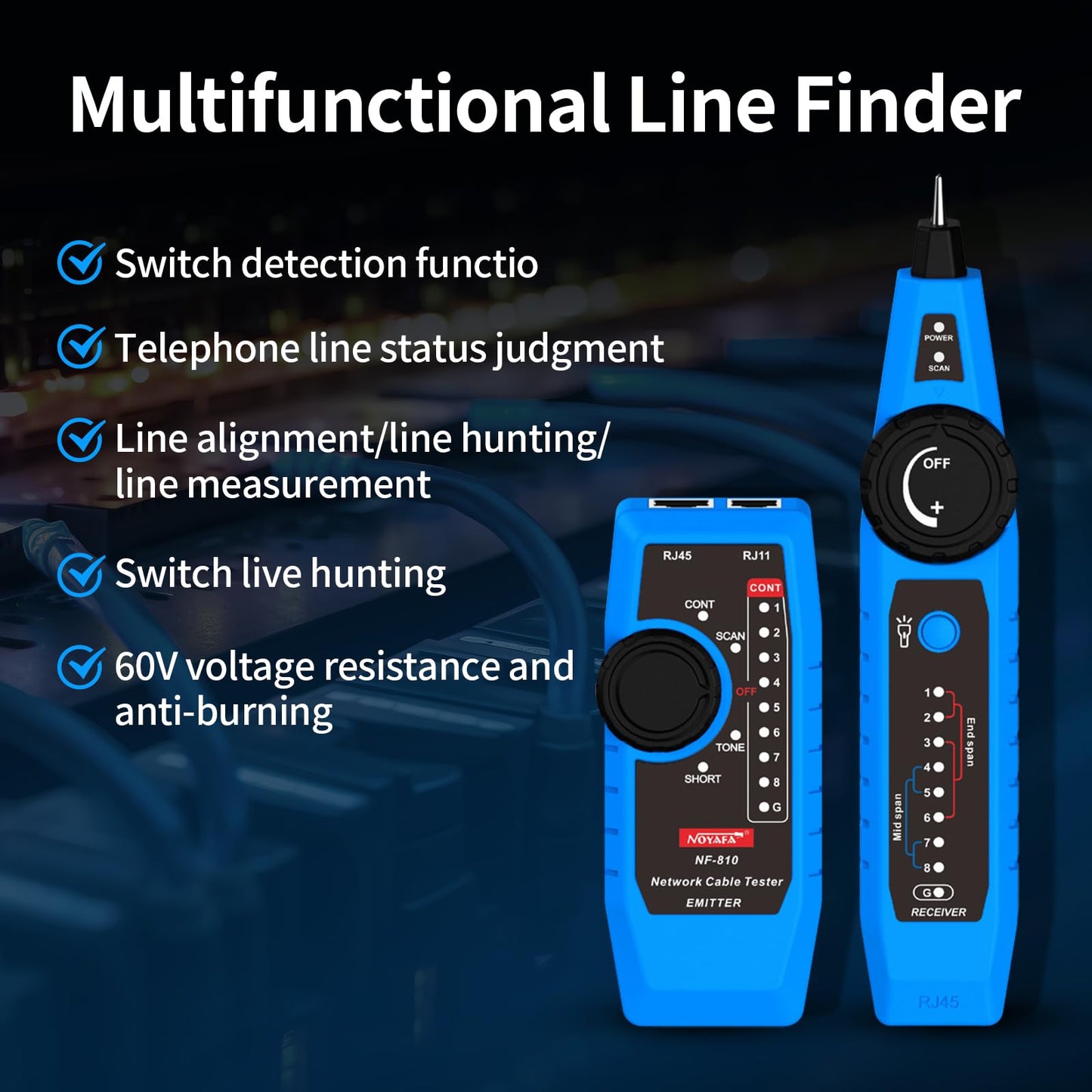 Noyafa NF-810 Network Cable Tester, RJ45 RJ11 Line Tracer, Line Finder, PoE Tester, Toner and Detector Kit, Cable Tracer, Cat5 Cat6 Ethernet Cable Tester for Cable Management, Telephone Line Testing