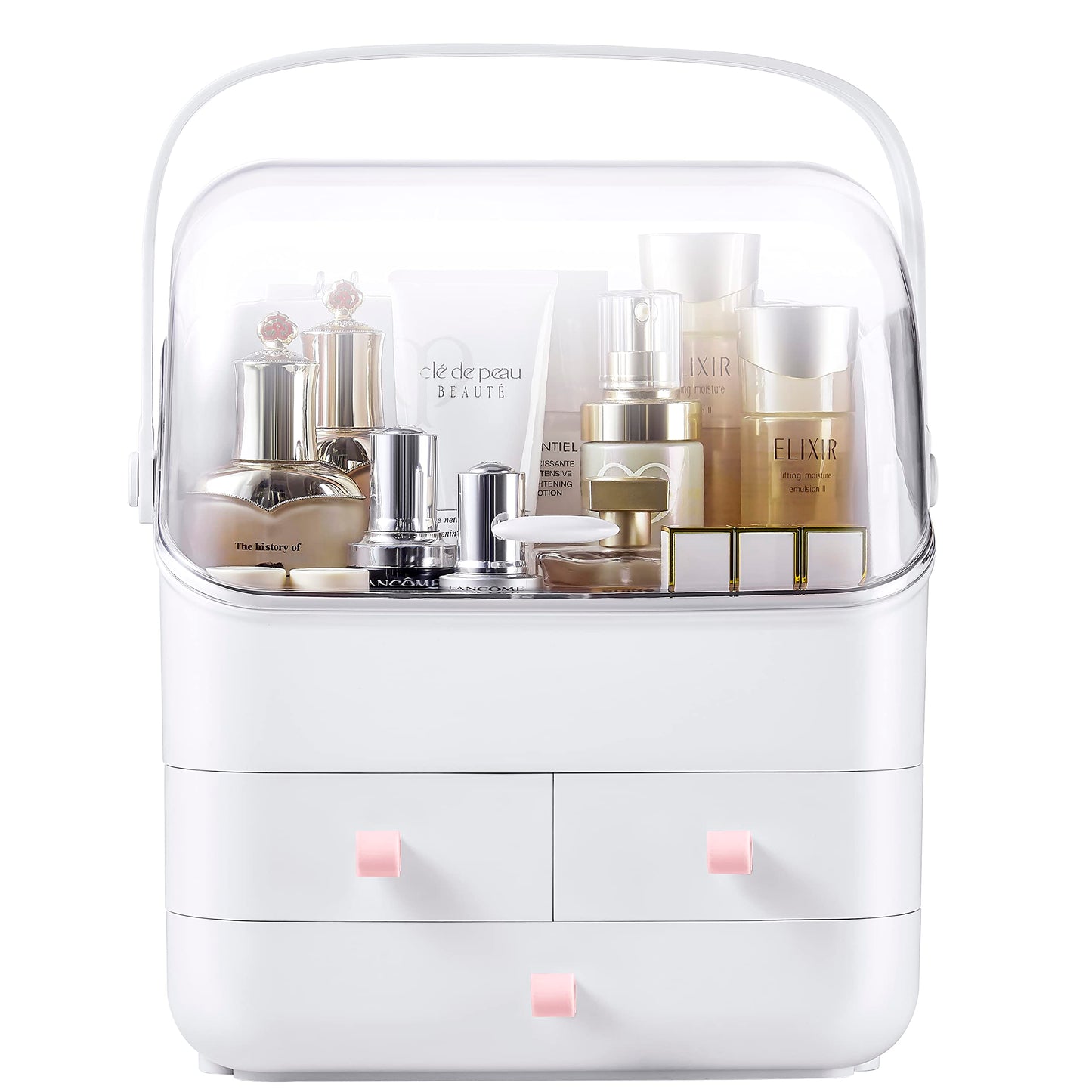 SUNFICON Makeup Organizer Cosmetic Storage Box Holder with Dust Free Cover Portable Handle,Fully Open Waterproof Lid, Dust Proof Drawers,Great for Bathroom Countertop Bedroom Dresser