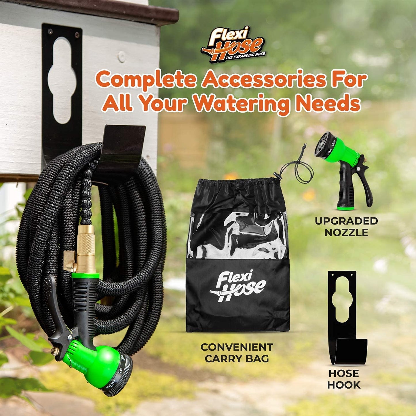 Flexi Hose Plus with 8 Function Nozzle Expandable Garden Hose, Lightweight & No-Kink Flexible Garden Hose, 3/4 inch Solid Brass Fittings and Double Latex Core, 50 ft Black