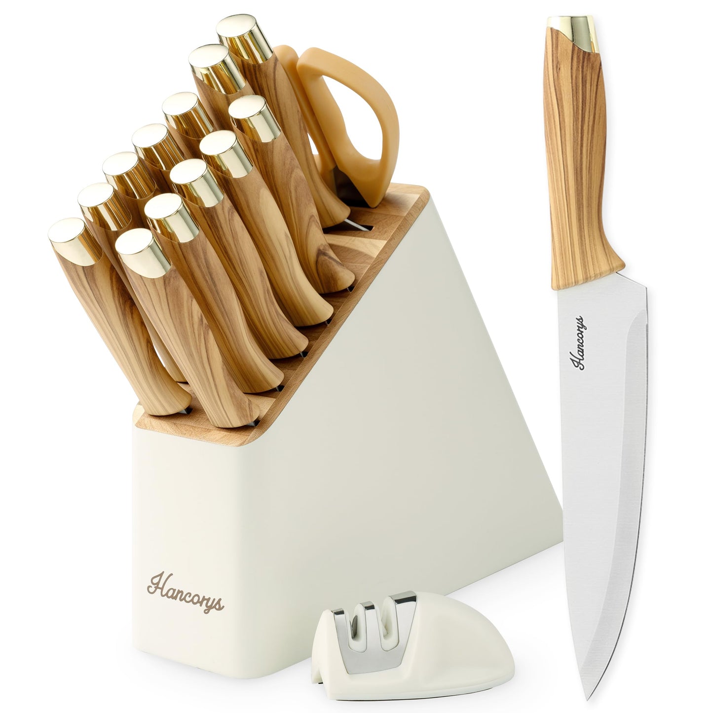 Hancorys Knife Set, 14 Pieces Kitchen Knives Set with Block and Gift Sharpener, High Carbon Stainless Steel and Ergonomic Handle Knife Block Set
