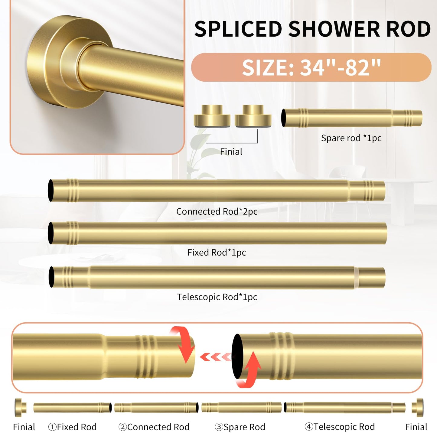 Emlaoe Gold Shower Curtain Rod 34-82 Inches(2.8-6.8ft) Never Rust Adjustable Shower Rod Spring Tension Non Slip No Drilling Shower Rods for Bathroom Garland Window