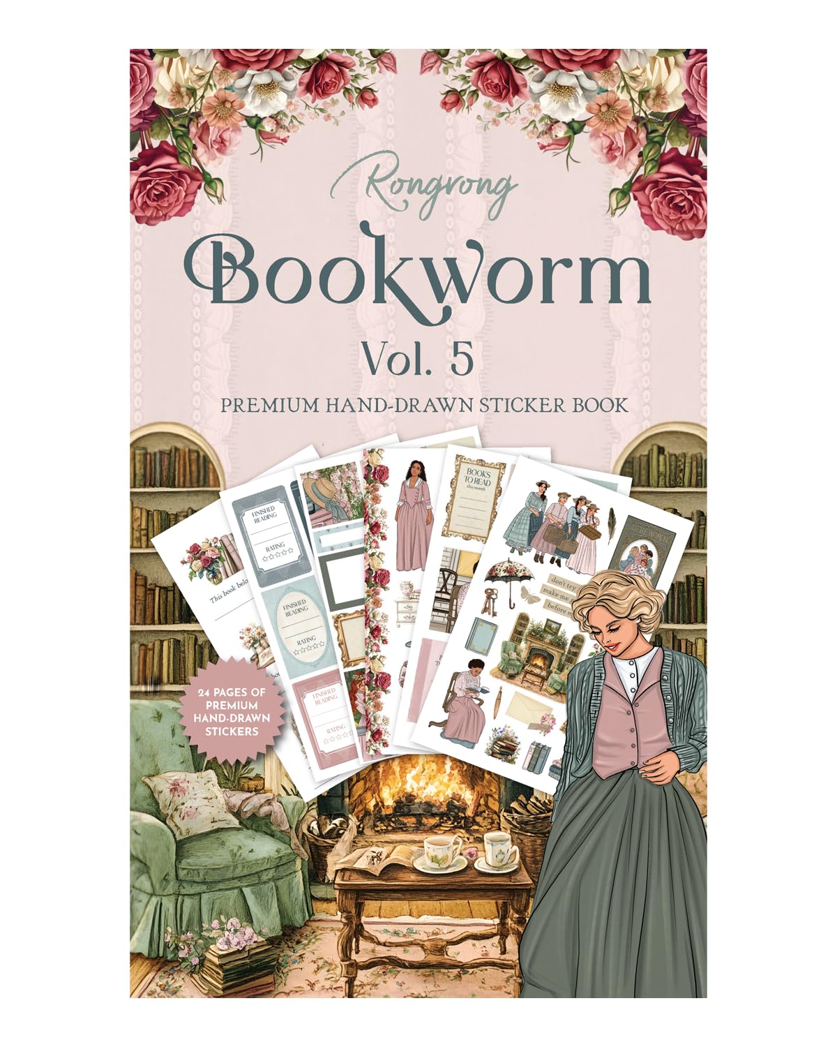 Rongrong Bookworm 5 Sticker Book for Planners, Calendars and Journals – Premium Quality Hand Drawn Perfect for Book Lovers – Scrapbook Accessories – 24 Pages