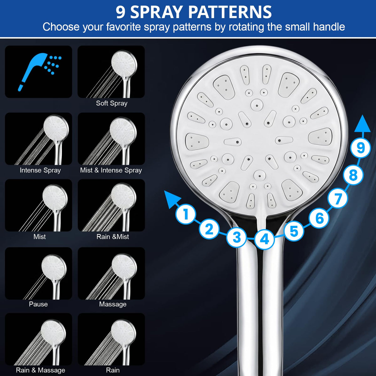 Shower Head, 10 Inch High Pressure Rainfall Shower Head/Handheld Shower Combo with 11 Inch Extension Arm, 9 Settings Adjustable Anti-leak Shower Head with Holder/Hose, Height/Angle Adjustable