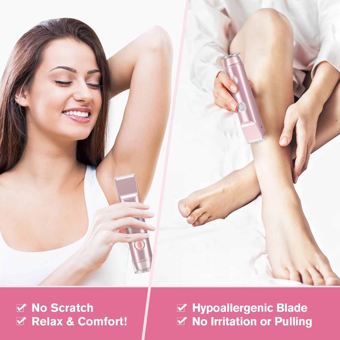 Bikini Trimmer for Women, Cordless Electric Shaver Razors with Ceramic Blade Heads, Rechargeable Pubic Hair Trimmer with IPX7 Waterproof for Underarm Leg Face Arm Pubic Area, Wet/Dry Use(Rose Gold)