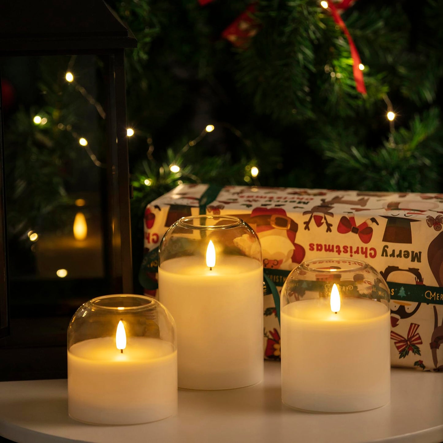 volnyus White Glass Flameless Candles Set of 3 (Φ 4" H 4" 5" 6") with Remote Battery Operated Flickering LED Pillar Candles Real Wax 3D Wick