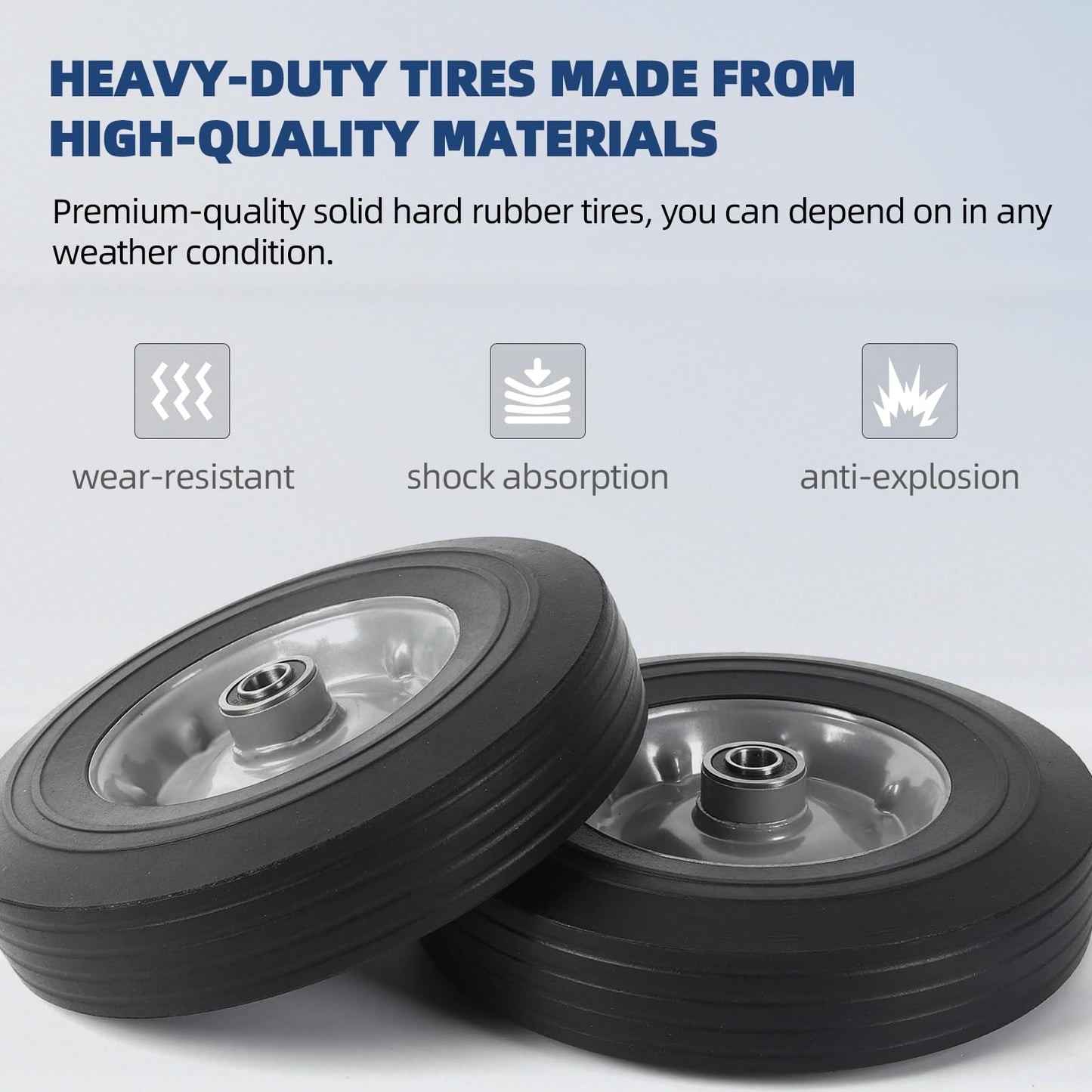 AR-PRO (2-Pack) 10''x2.5'' Flat Free Solid Rubber Replacement Tires for Hand Trucks and Wheelbarrows With 5/8" Axles