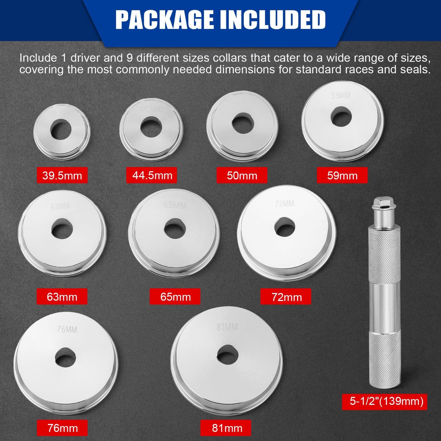 NYXOVA Bearing Press Kit, 10pc Universal Bearing Race and Seal Bushing Install Set With 9 Adapters for Bearing Installation