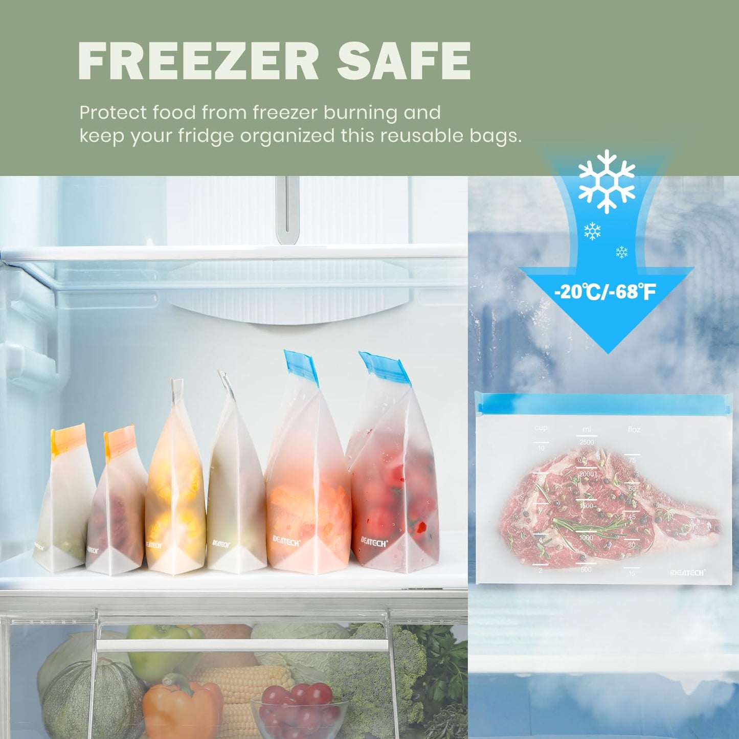 Dishwasher Safe Reusable Storage Bags Stand Up - BPA Free PEVE Reusable Sandwich Bags - Leakproof Gallon Freezer Bags, Silicone Food Storage Bags (24 Pack- 8Gallon + 8Sandwich + 8Snack)