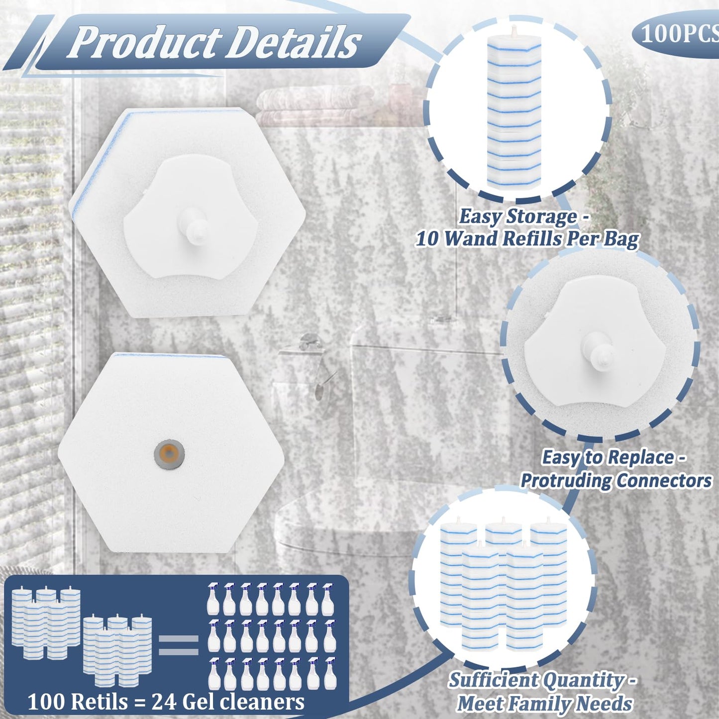 100 Count Disposable Toilet Bowl Wand Refills, Toilet Wand Refill Pads Compatible with Most Toilet Brush Systems, Deep Scrubbing Toilet Cleaner Heads with Upgraded Fiber Pads