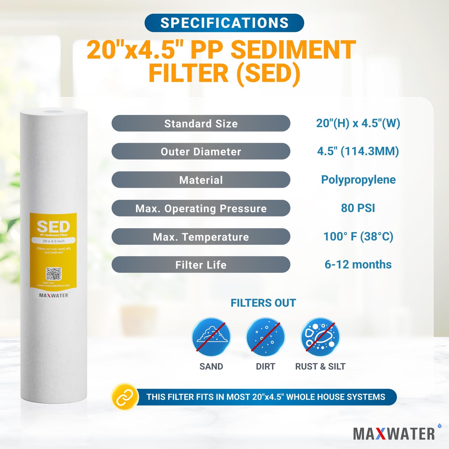 Max Water 20 x 4.5 Whole House Sediment Filter Cartridge 5 Micron Well Water Replacement Cartridge Compatible with DGD-5005-20, FP25B, AP810-2, 2-Pack