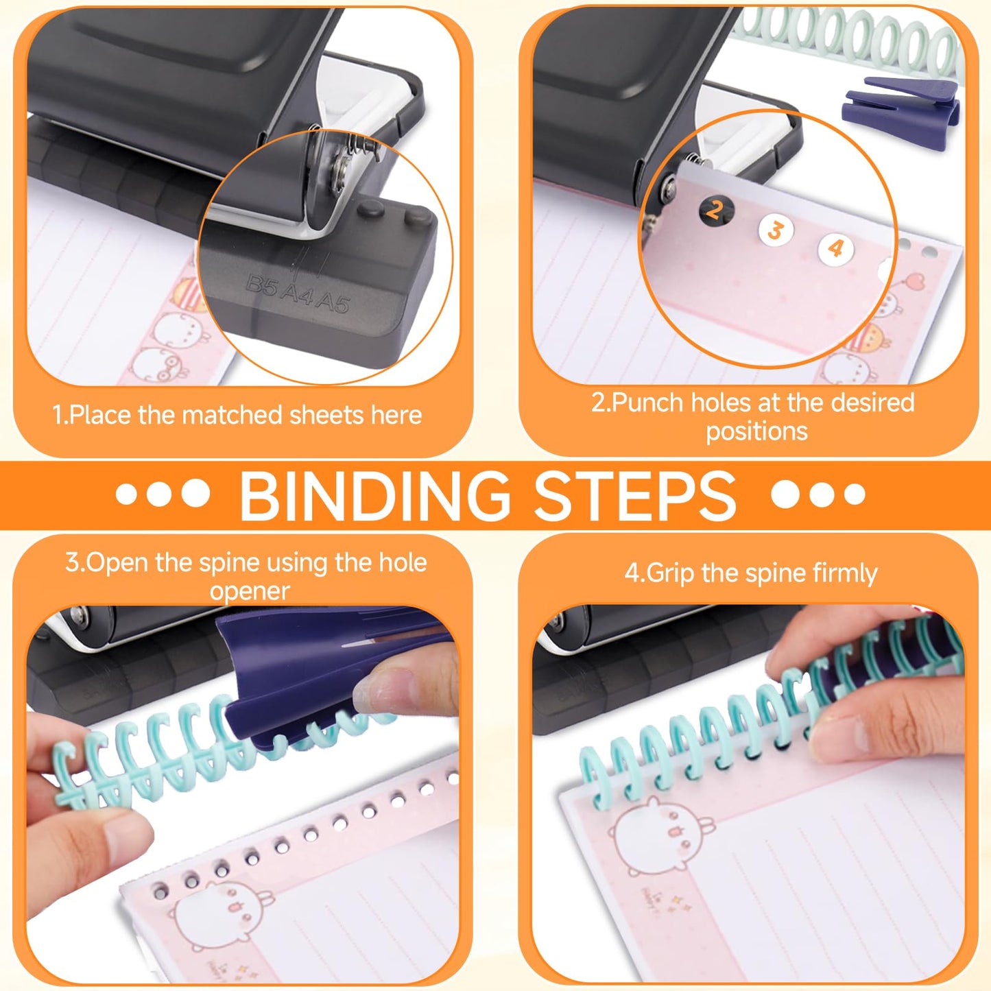 TUAKIMCE 10-Hole Punch Binding Machine for Planners, Mini Metal Manual Binding System with 10 Multi-Color Binder Rings, Punches 30 Holes on A4, 20 Holes on A5, 26 Holes on B5