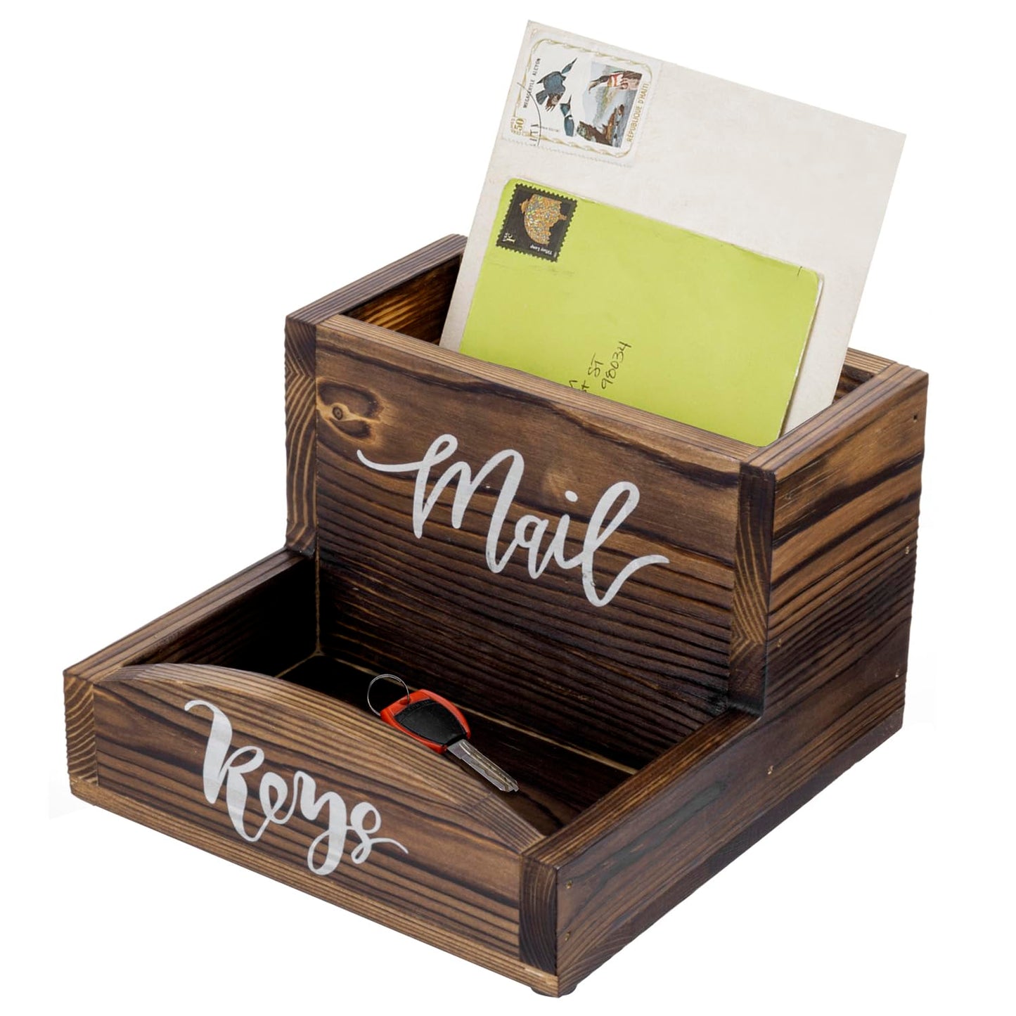 MyGift Rustic Burnt Solid Wood Mail Holder and Key Organizer, Entryway Storage Tray or Office Desktop Organizing Bin with White Cursive Lettering Labels