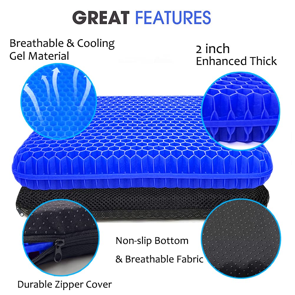 Gel Seat Cushion for Long Sitting, Extra Thick Gel Cushion for Wheelchair Soft Chair Pads for Office Home Chairs Car Seats Long Trips - Back Sciatica Hip Tailbone Pain Relief Cushion (Blue)