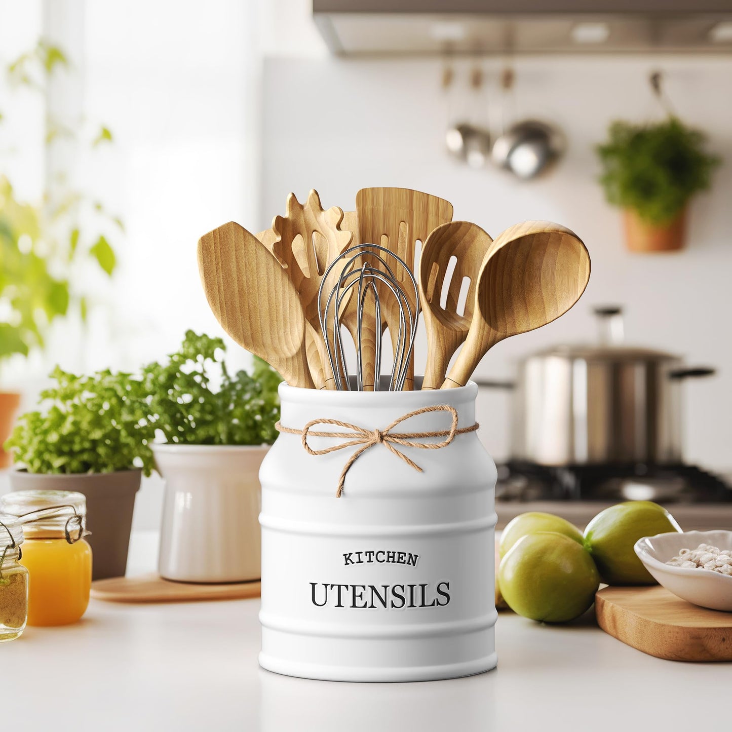 Barnyard Designs Ceramic Utensil Crock Holder for Kitchen Counter, Rustic Farmhouse Countertop Decor, French Country Organizer for Cooking Utensils, Spatulas and Mixing Spoons (White)