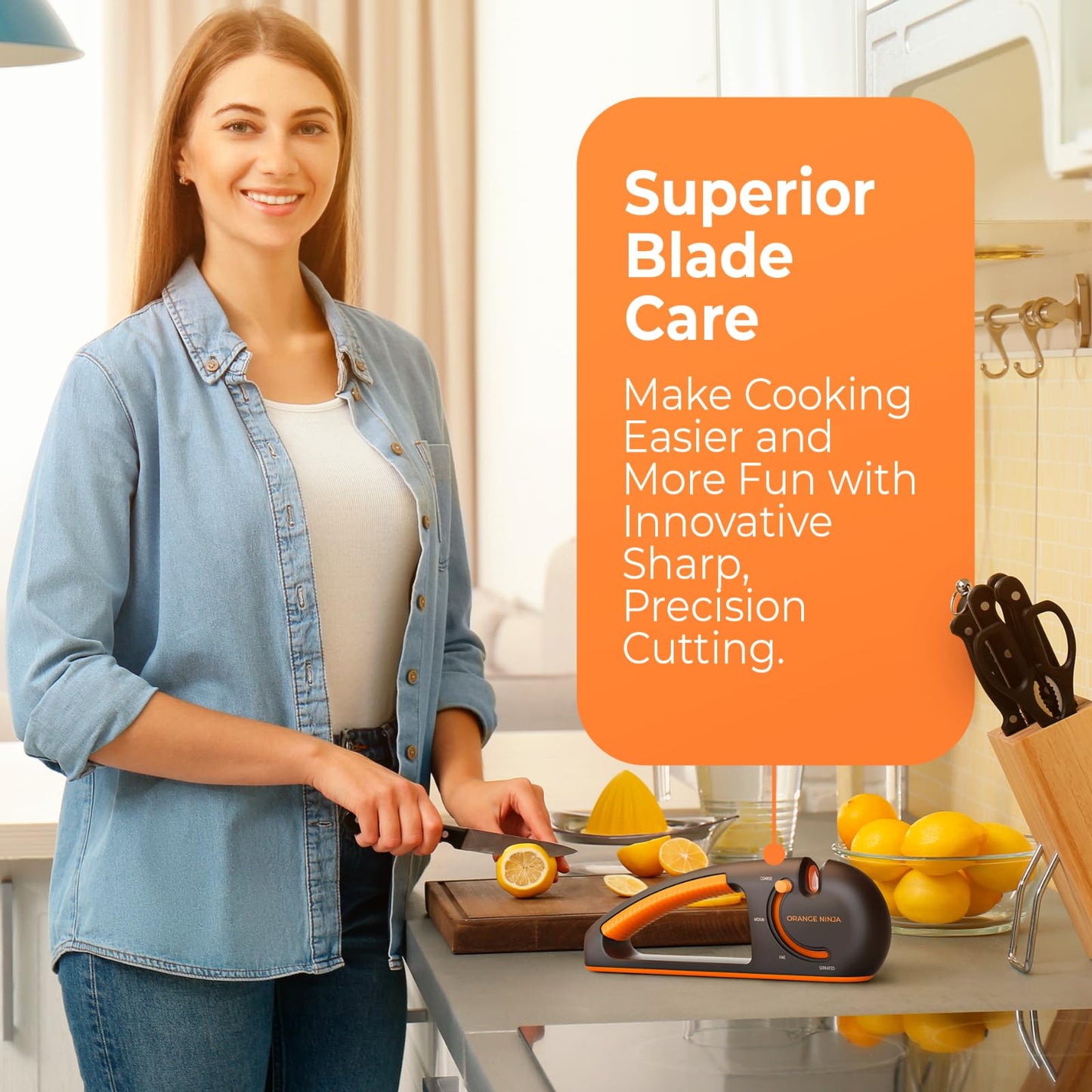 Orange Ninja 4-Stage Knife Sharpener - Premium Kitchen Knife Sharpeners - Adjustable Handheld Manual Knife Sharpeners for Kitchen Knives, Knife Sharpener, Chefs & Serrated Knife by Sharp Pebble
