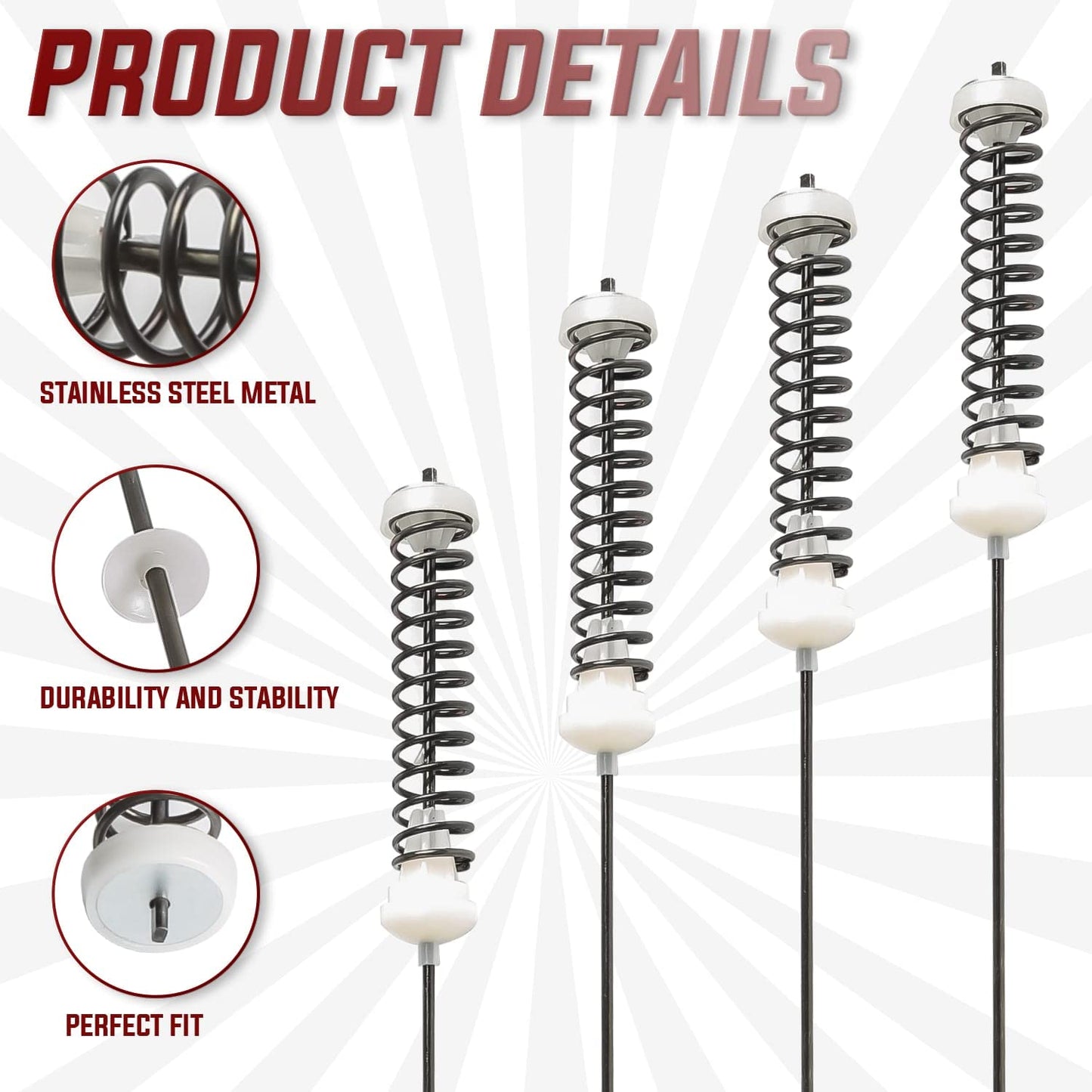 Pack 4 - W10780045 Washing Machine Suspension Rods Compatible with Whirlpool Kenmore Amana - Repalces: AP5971396, W10537442, W10537443, W10622030, W10645652, W10748953, W10748955