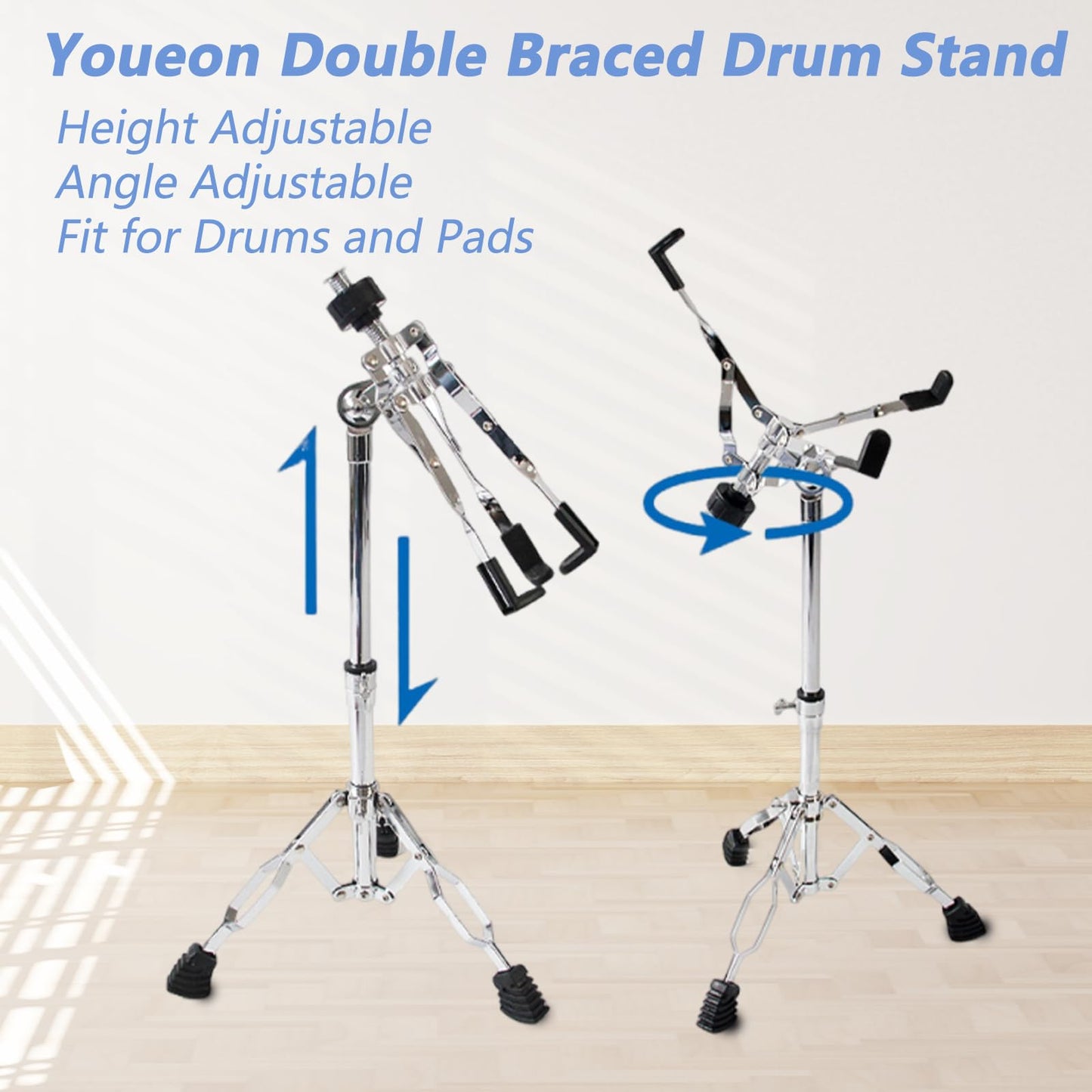 YOUEON Snare Drum Stand with Drum Sticks Holder, Double Braced Tripod Snare Stand Fit for 10 to 14 Inch Snare Drum, Drum Pad, Adjustable Height 14.5 to 23 Inches for Drum Beginners, Lightweight